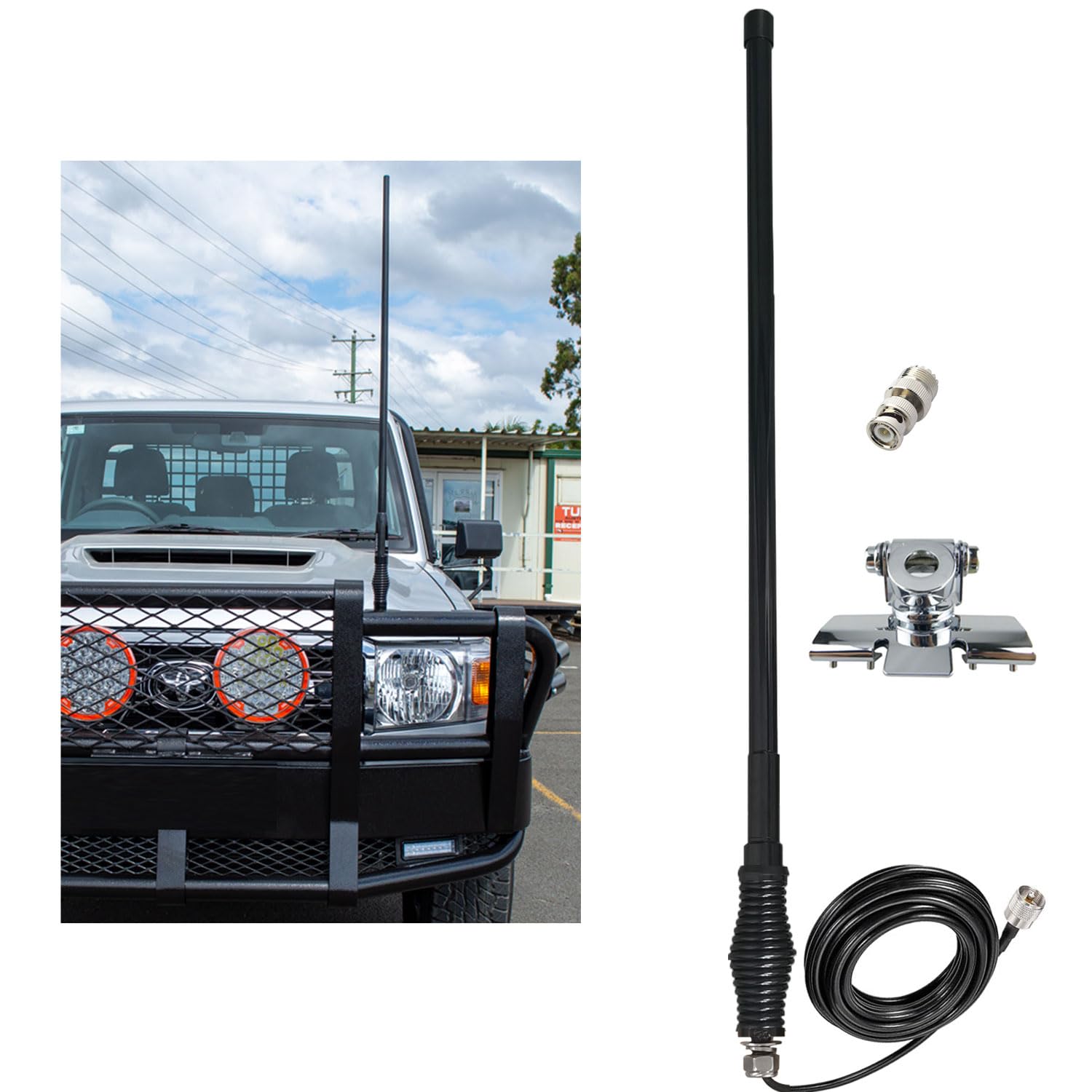High-Performance UHF/VHF Two-Way Radio Antenna for Trucks & Vehicles - Compatible with Uniden, Bearcat, Whistler, Icom, Yaesu, Cobra & Midland Handheld Radios - Includes Car Bonnet Bracket & 5m Cable - Perfect for Off-Roading, Emergency Communication & Fleet Management