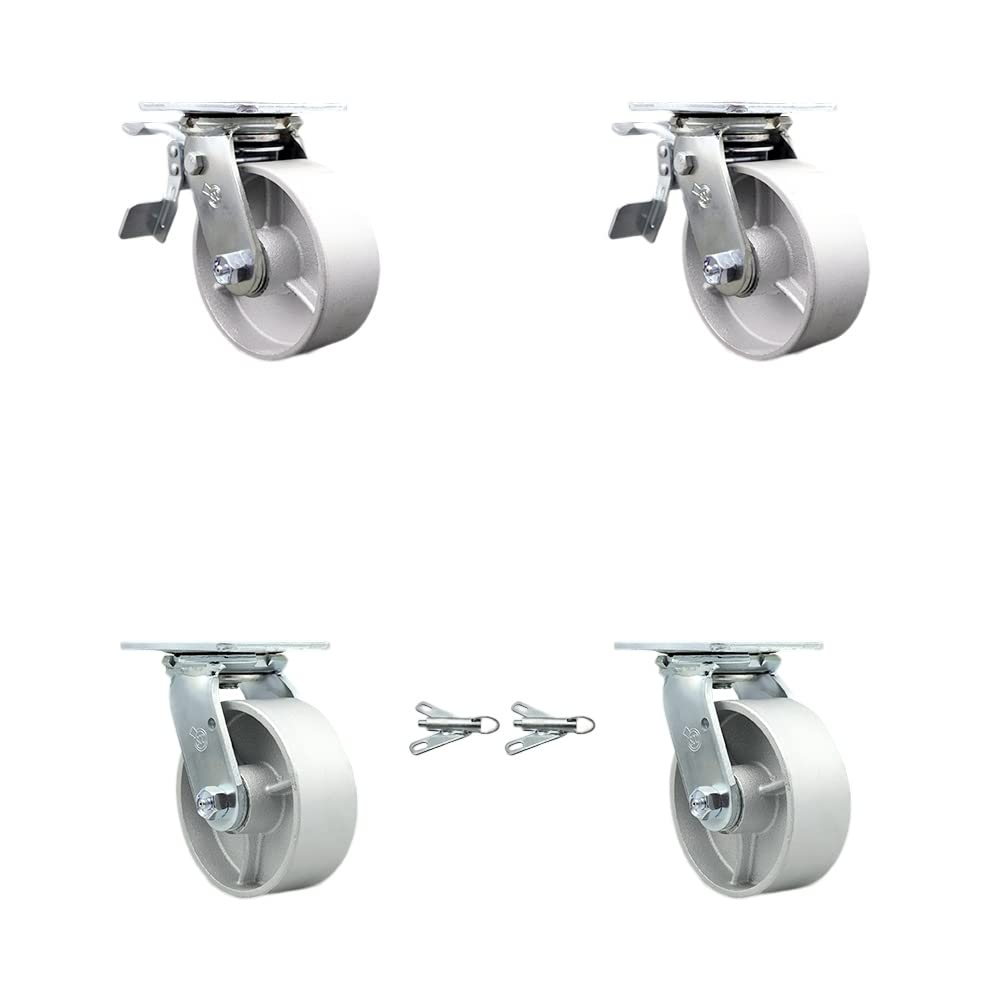 Heavy Duty Cast Iron Swivel Caster Wheels Set of 4 - 5 Inch with Swivel Lock & Total Brake | Service Caster Brand | Ideal for Industrial Equipment, Workbenches, and Heavy-Duty Carts