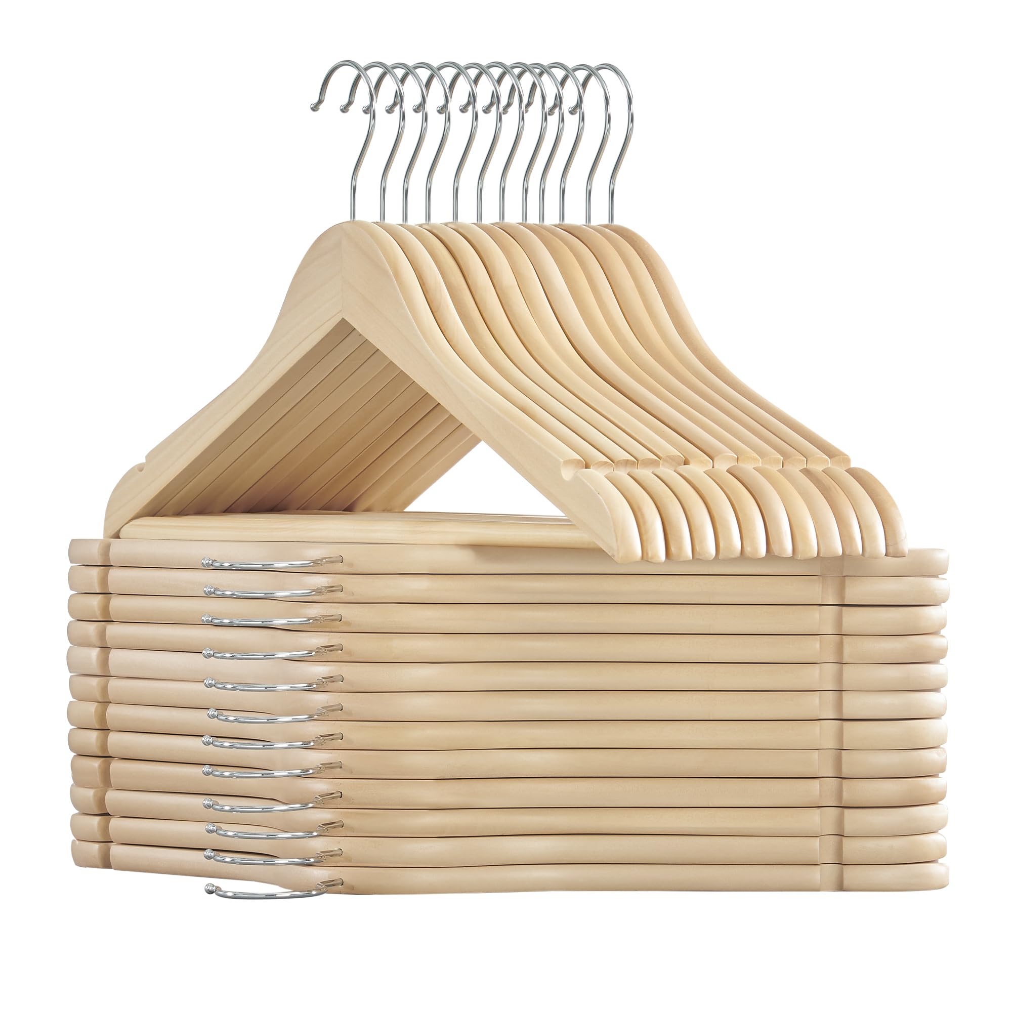 SONGMICS 24-Pack Wooden Clothes Hangers with Non-Slip Pants Bar & 360° Swivel Hooks - Natural Beige Coat Hangers for Jackets, Shirts, Coats - Perfect for Closet Organization & Wardrobe Storage