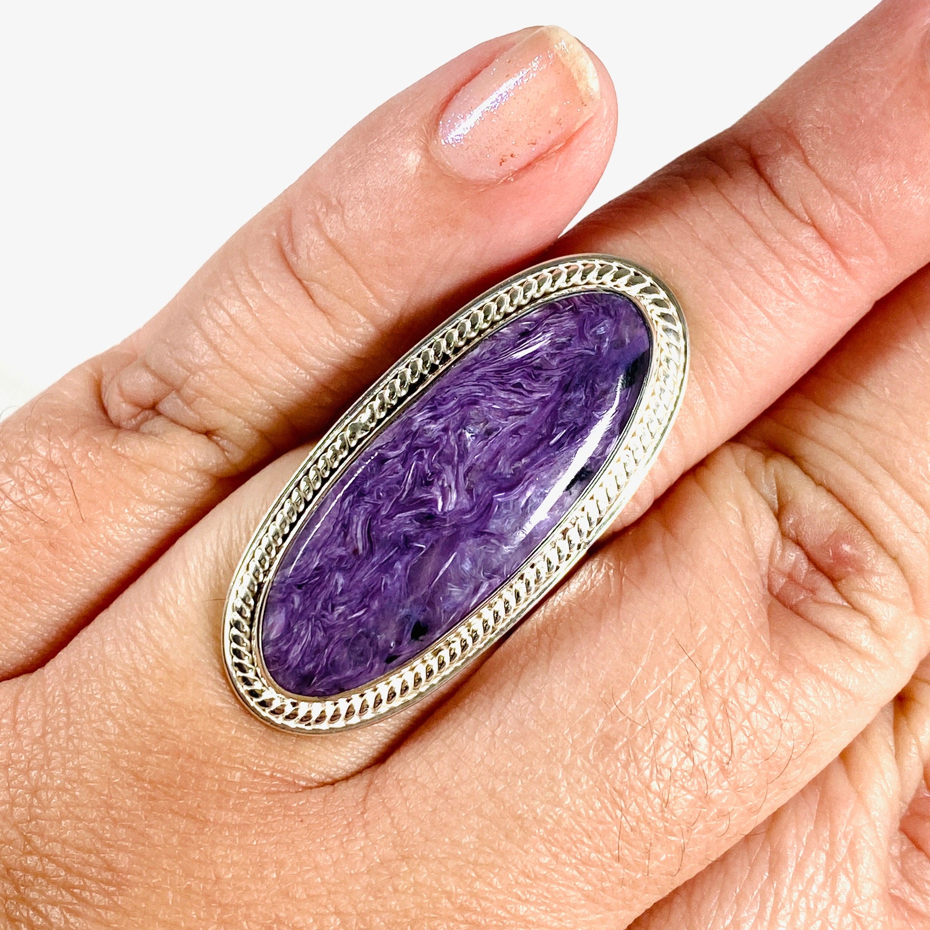 Charoite Oval Ring - Size 10 - KRGJ3049 - Elegant Purple Gemstone Jewelry for Women - Perfect for Weddings, Parties & Special Occasions