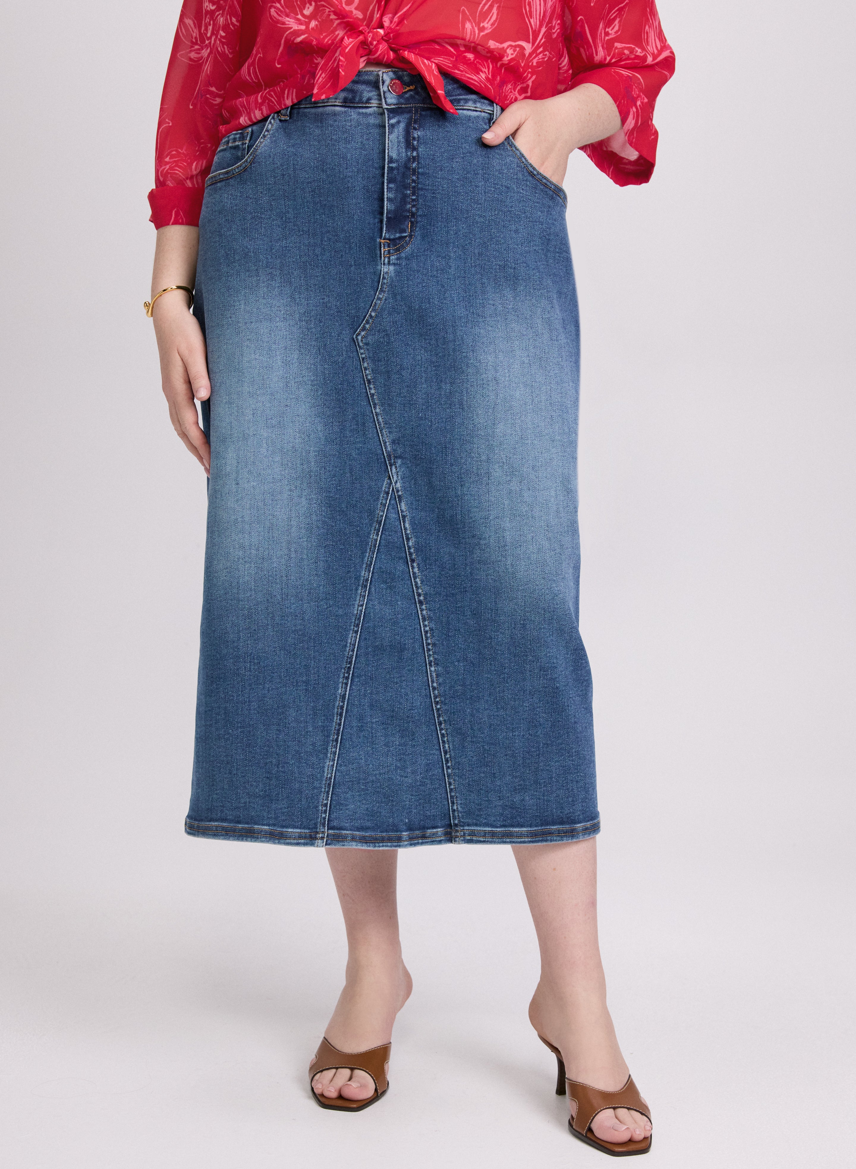 Stylish High Waist Denim Midi Skirt for Women - Vintage Blue Jeans Skirt with Pockets | Perfect for Casual Outfits, Office Wear & Date Nights