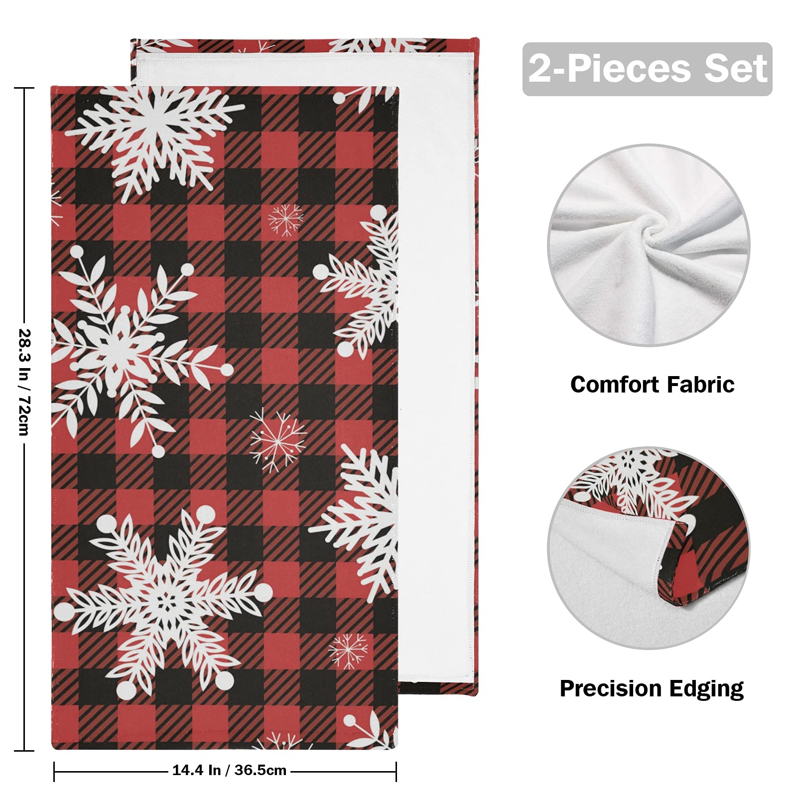Christmas Snowflakes Red Black Buffalo Plaid Hand Towels Set of 2 - Absorbent Bath & Kitchen Towels 28x14 Inches - Soft Face & Dish Towels for Gym, Bathroom Decor - Perfect for Holiday Gifts & Home Use
