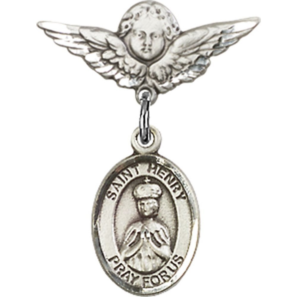 St. Henry II Sterling Silver Baby Badge with Angel Wing Charm - 7/8 X 3/4 Inch Religious Jewelry Pin for Christening, Baptism & First Communion Gifts