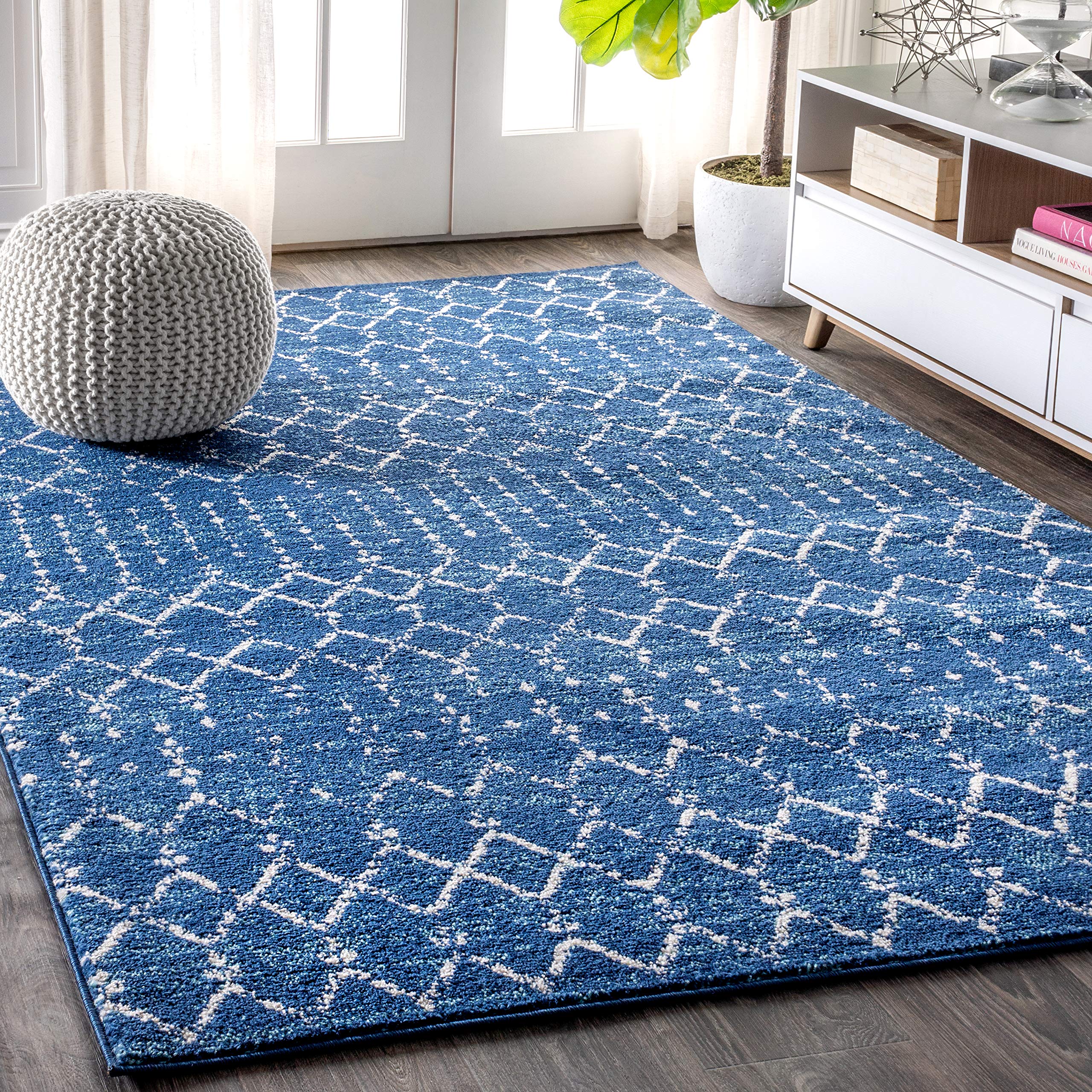 JONATHAN Y MOH101A-8 Moroccan Boho Vintage Diamond Pattern Area Rug - 8x10 Feet Blue & White Non-Shedding Easy-Clean Rug for Bedroom, Living Room & Kitchen | Bohemian Home Decor & Floor Covering