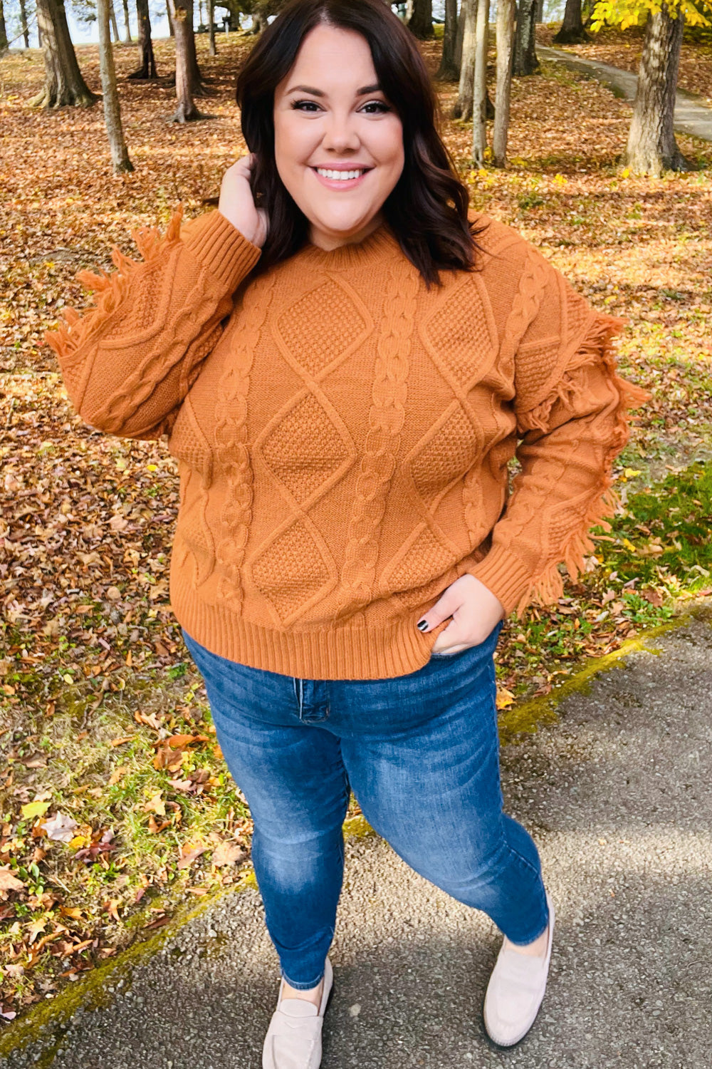 Joyful Days Rust Cable Knit Tassel Fringe Sweater for Women - Cozy Autumn Winter Pullover with Boho Chic Style | Perfect for Fall Outfits, Holiday Parties & Casual Wear