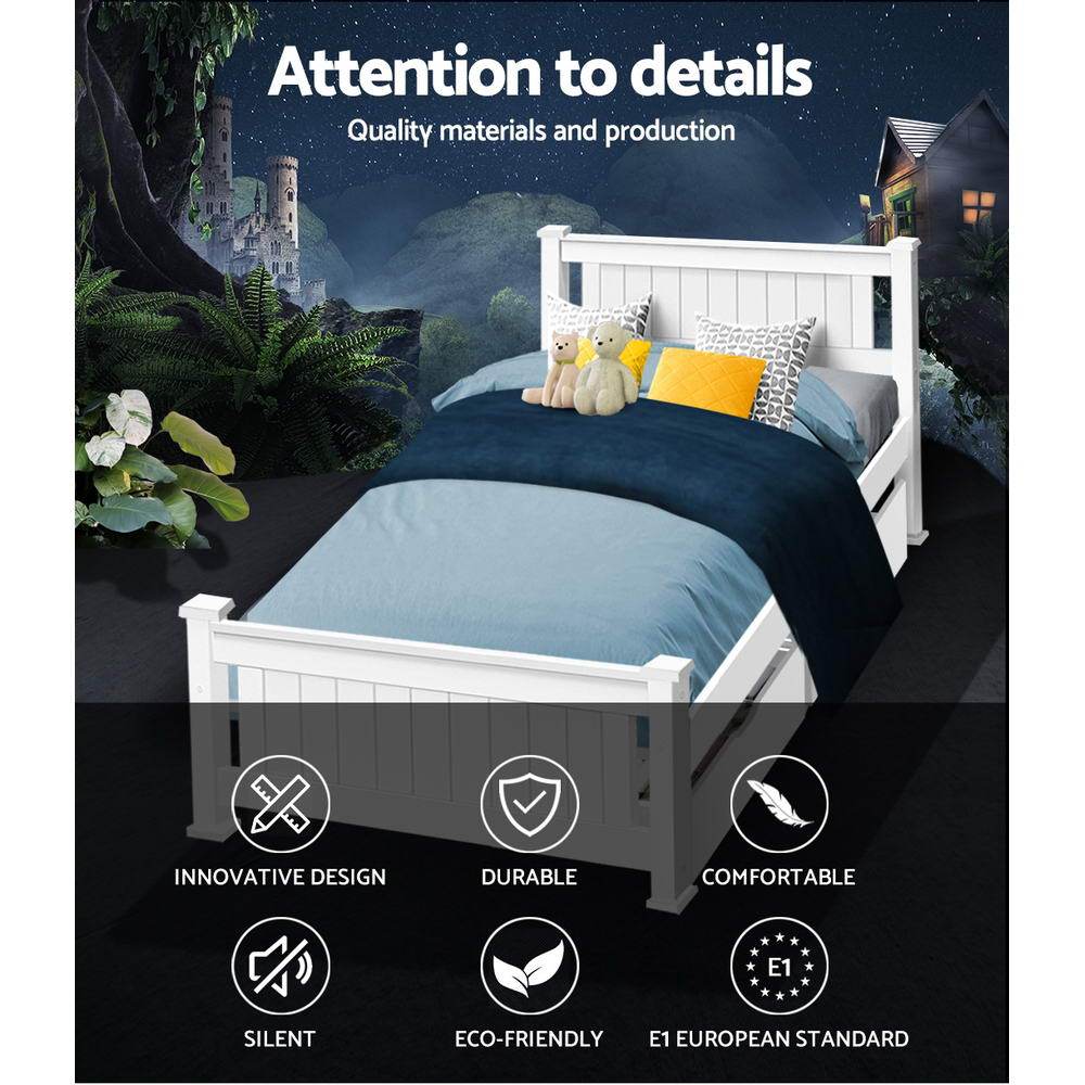 Cottesloe White Wooden Single Bed with 2 Storage Drawers - Space-Saving Kids Bedroom Furniture for Small Rooms & Apartments