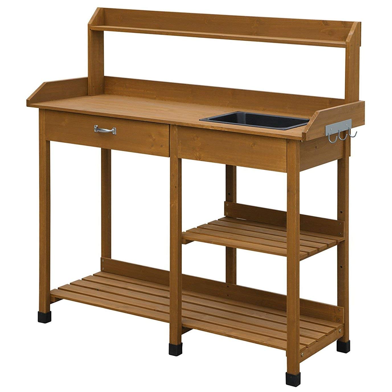 Light Oak Outdoor Garden Wood Potting Bench with Sink - Heavy Duty Work Table for Planting, Potting & Gardening - Perfect for Backyard, Greenhouse & DIY Projects
