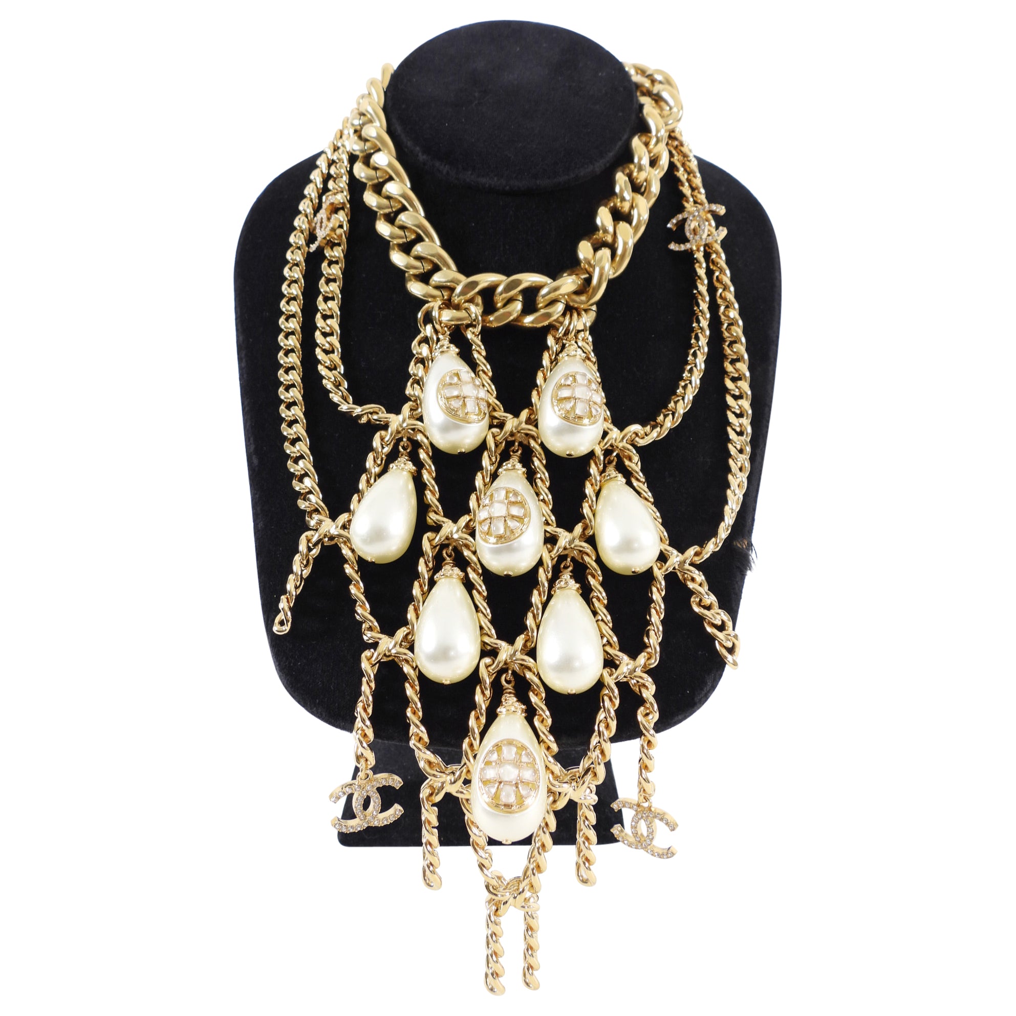 Chanel 20K Gold Chain & Teardrop Pearl Gripoix Bib Necklace - Luxury Vintage Pearl Statement Jewelry for Women, Perfect for Weddings, Parties & Special Occasions