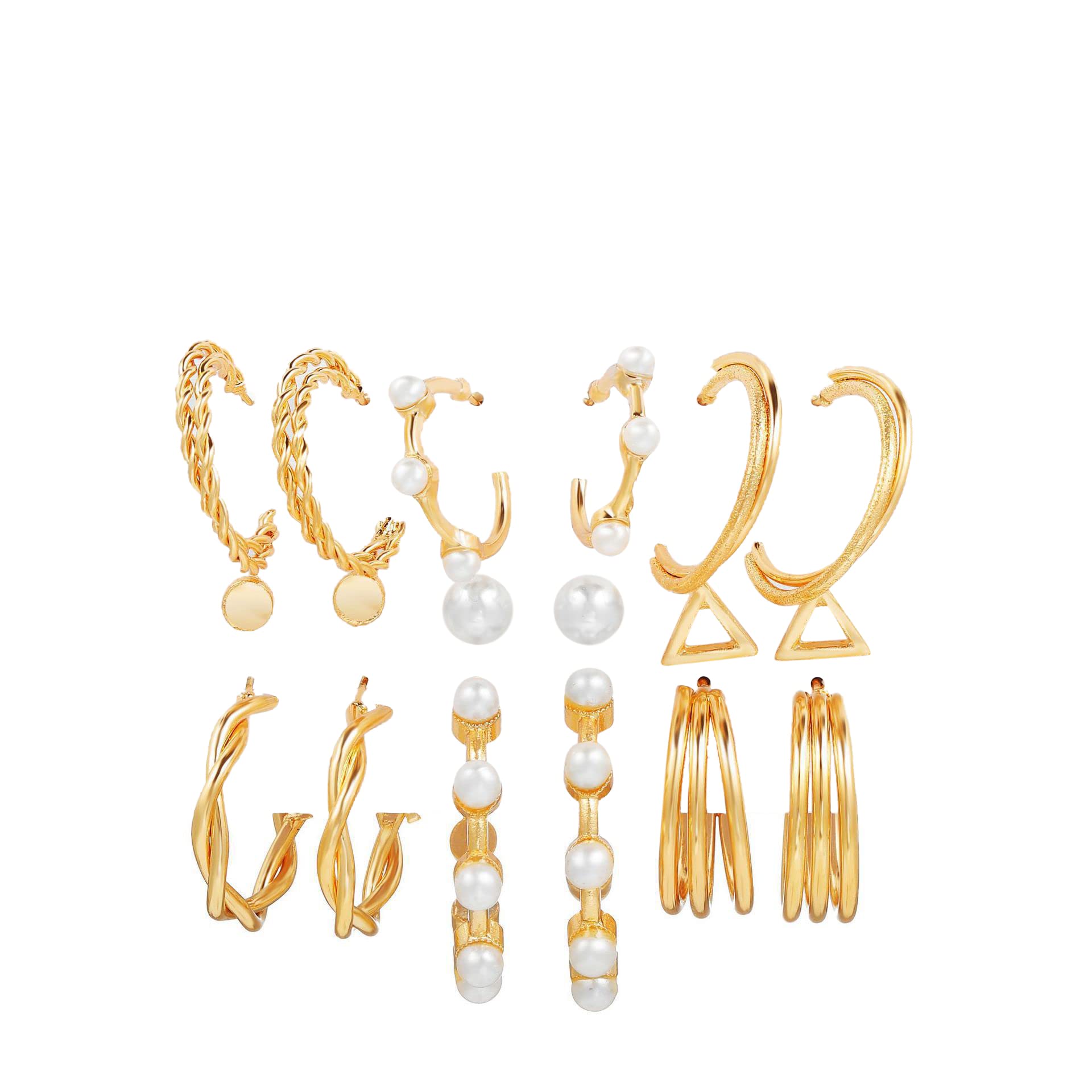 Golden Plated Triangle Pearl Stud & Twisted Hoop Earrings Set - 9 Pairs for Women & Girls | Elegant Jewelry for Parties, Weddings & Daily Wear