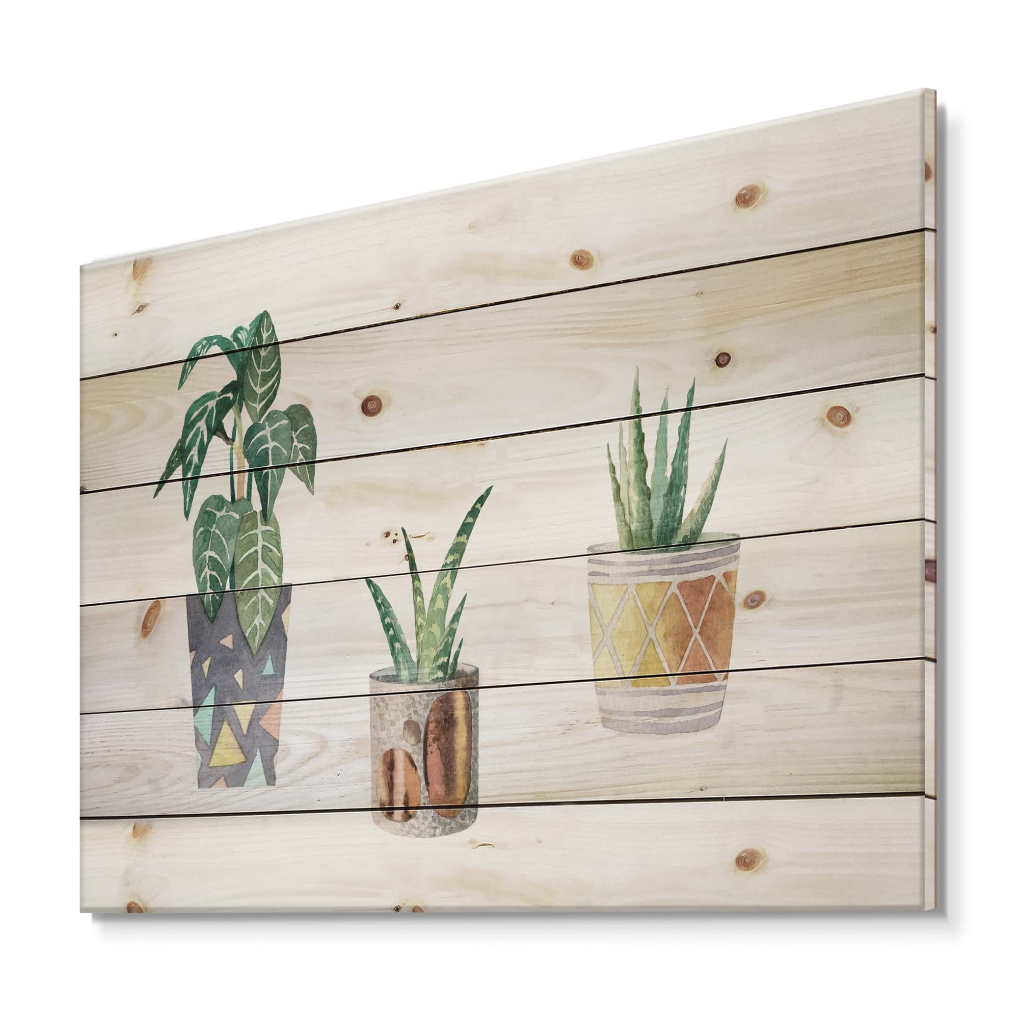 DesignQ Three Potted Houseplants Wood Wall Decor - Traditional Green Floral Wall Art Panels - Large Natural Pine Wood Art for Living Room, Bedroom & Office Decor