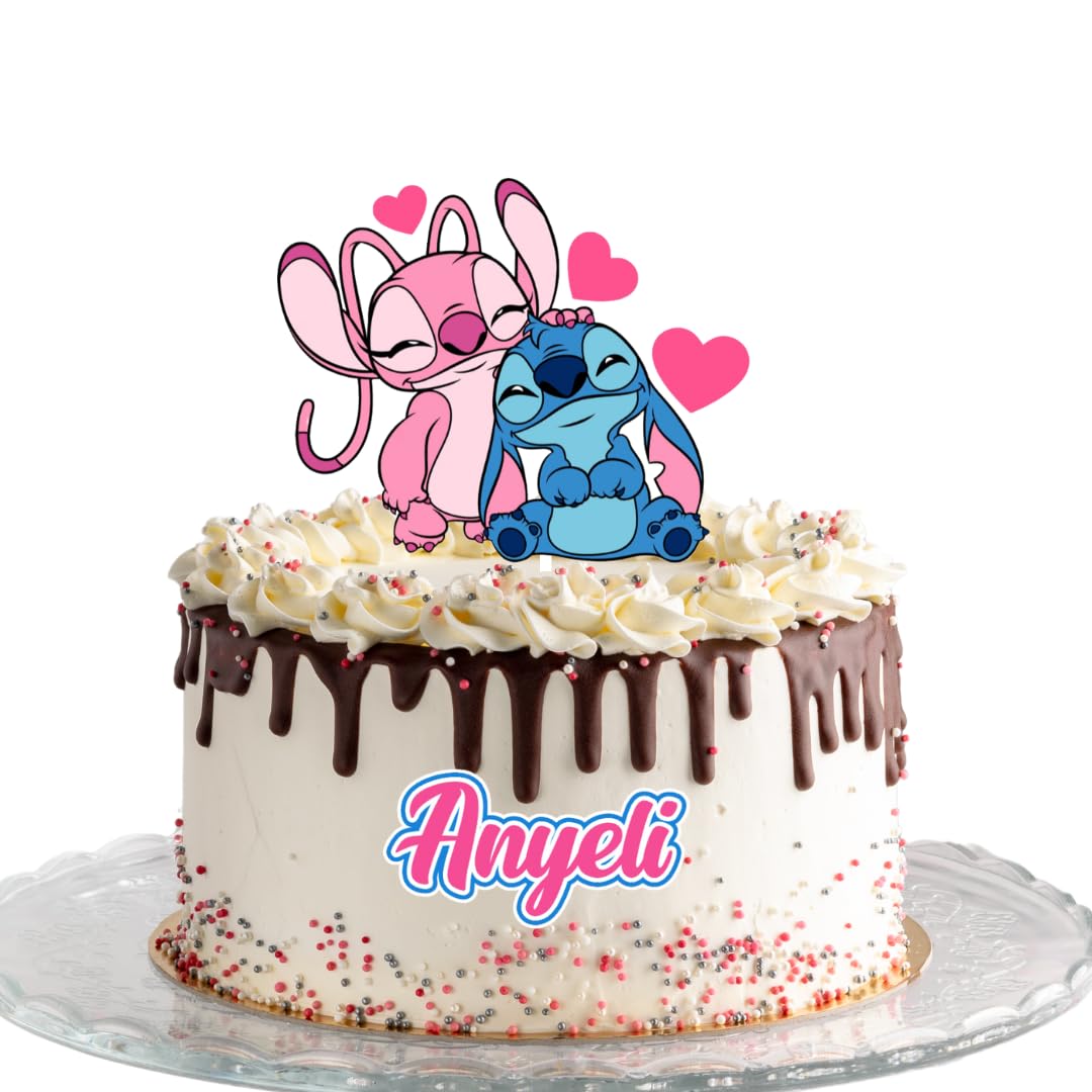 2 Pcs Stitch & Angel Cake Toppers - Personalized Name Custom Birthday Cake Decorations for Disney Themed Parties, Baby Showers & Wedding Celebrations