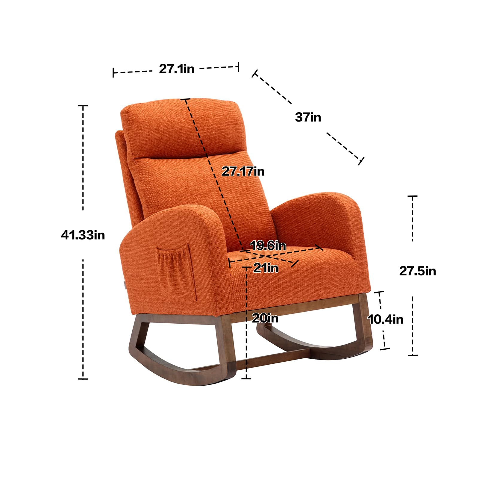 Comfortable Upholstered Nursery Rocking Chair with Side Pocket - High Back Support Glider Rocker, Solid Wood Base Accent Armchair for Living Room, Bedroom & Office - Perfect for Nursing, Reading & Relaxing (Orange)