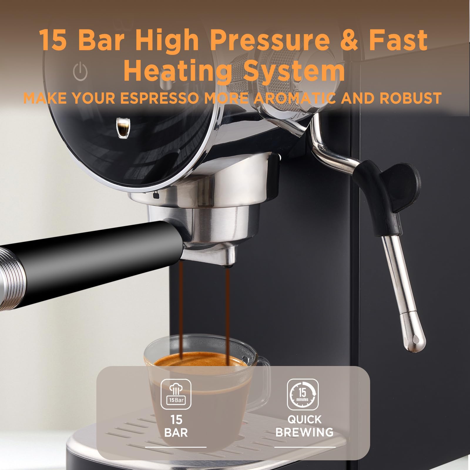 15 Bar Semi-Automatic Espresso Machine with Milk Frother - Touch Screen Stainless Steel Coffee Maker, 40oz Removable Water Tank - Perfect for Making Cappuccino, Latte & Americano at Home or Office