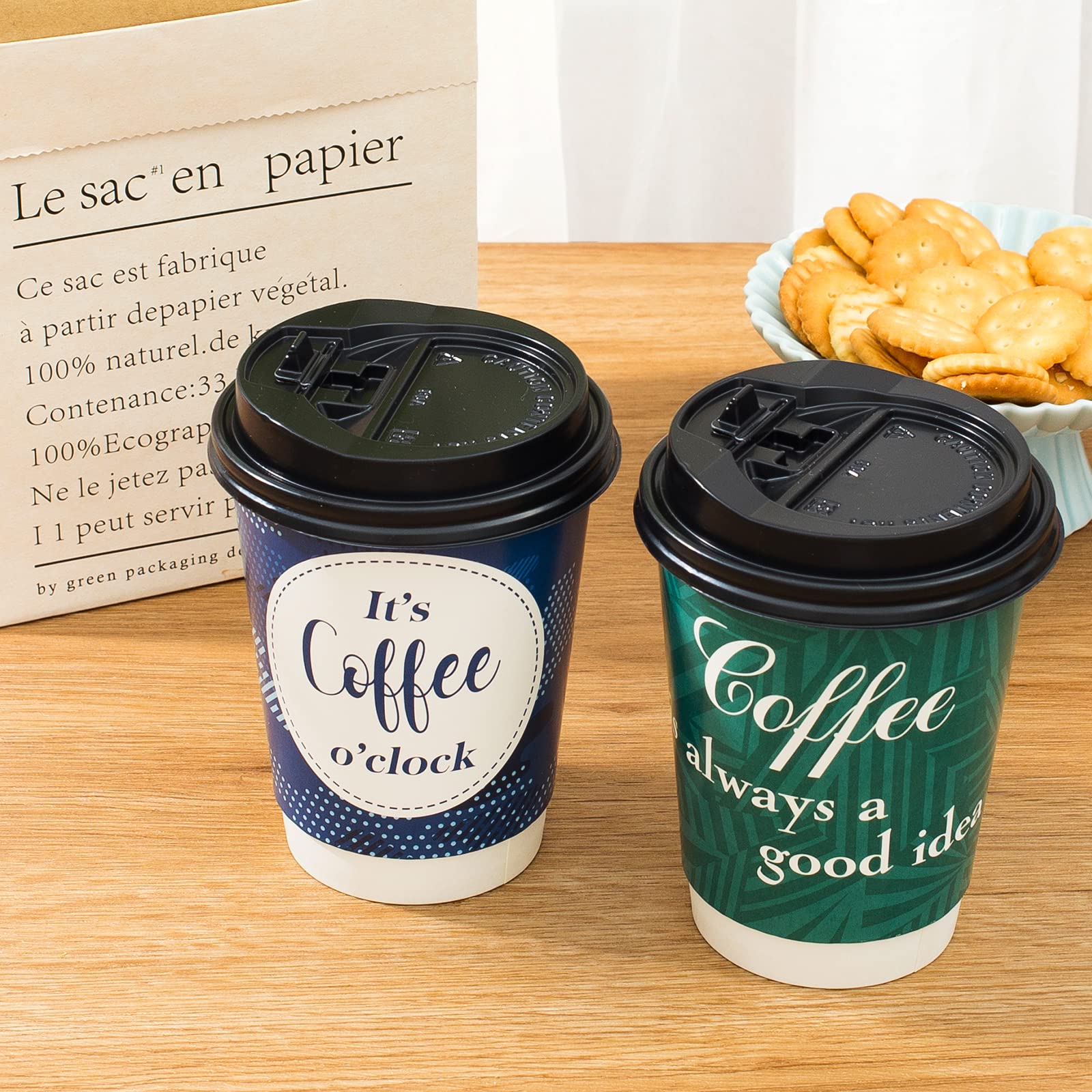 12 oz Disposable Coffee Cups with Lids - 50 Pack Double-Walled Insulated Paper Cups for Hot & Cold Drinks | Fun Designs | Perfect for Office, Coffee Shops, Parties & Takeout