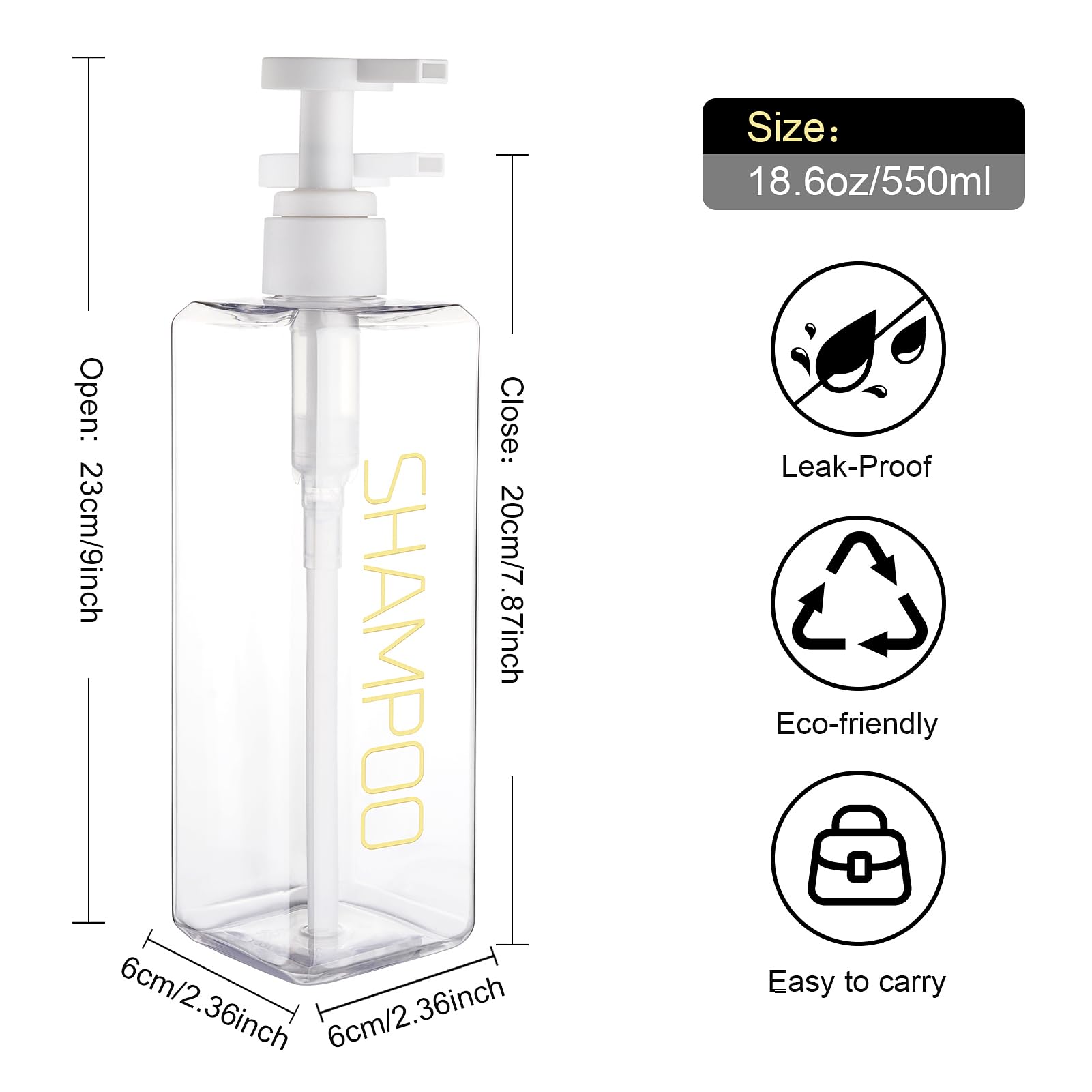 Refillable Shampoo and Conditioner Dispenser Set - 3 Pack 18.6oz/550ml Plastic Pump Bottles for Shower, Bathroom & Gym - Clear Empty Soap Dispensers with Permanent Labels - Perfect for Body Wash, Lotion or Liquid Soap Storage