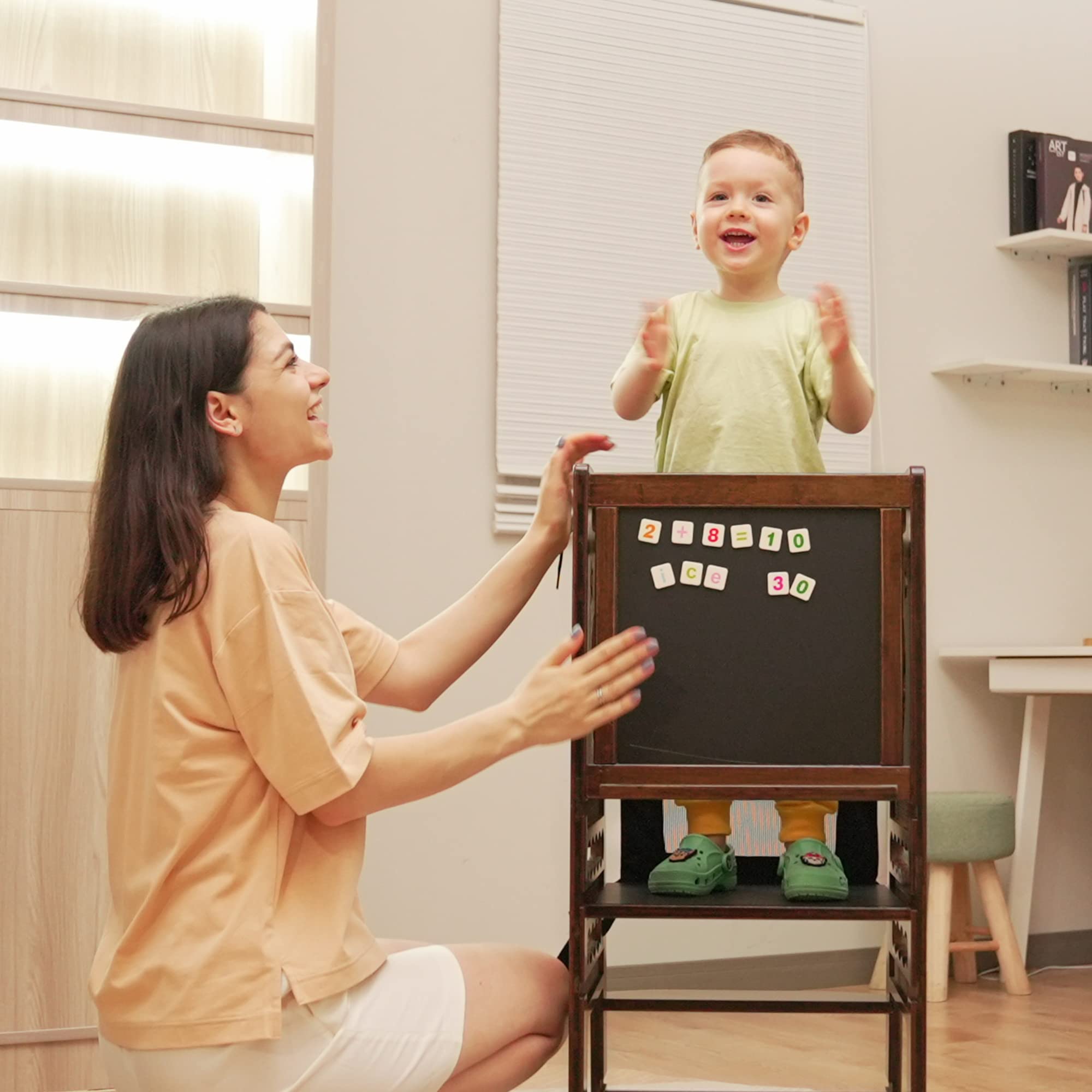 TOETOL Adjustable Bamboo Step Stool for Kids - Toddler Learning Tower with Safety Rail & Black White Activity Board - Perfect for Kitchen, Bathroom Sink, and Playtime Learning
