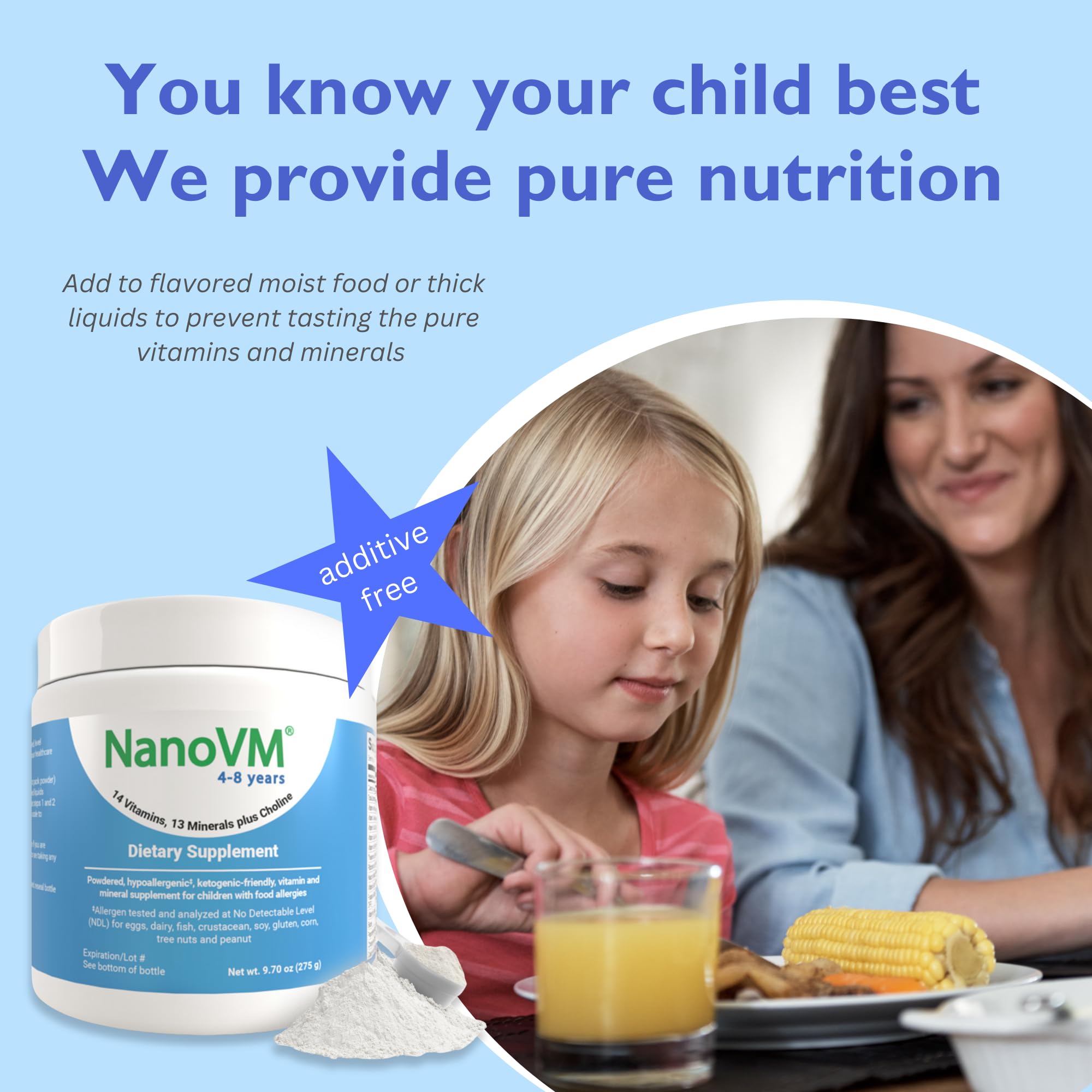 Solace Nutrition Kids Multivitamin Powder - Allergen-Free, Unflavored with 14 Vitamins & 13 Minerals for Ages 4-8 | Low-Carb Supplement for Immune Support & Healthy Growth | 275g Powder for Smoothies, Yogurt & School Lunches