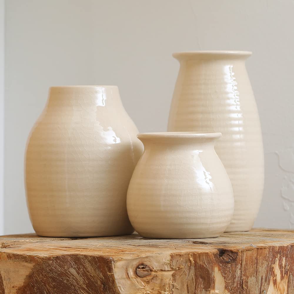 White Ceramic Vase Set of 3 - Rustic Farmhouse Decor for Living Room, Fireplace & Home | Modern Flower Vases for Centerpieces, Wedding Decor & Housewarming Gifts