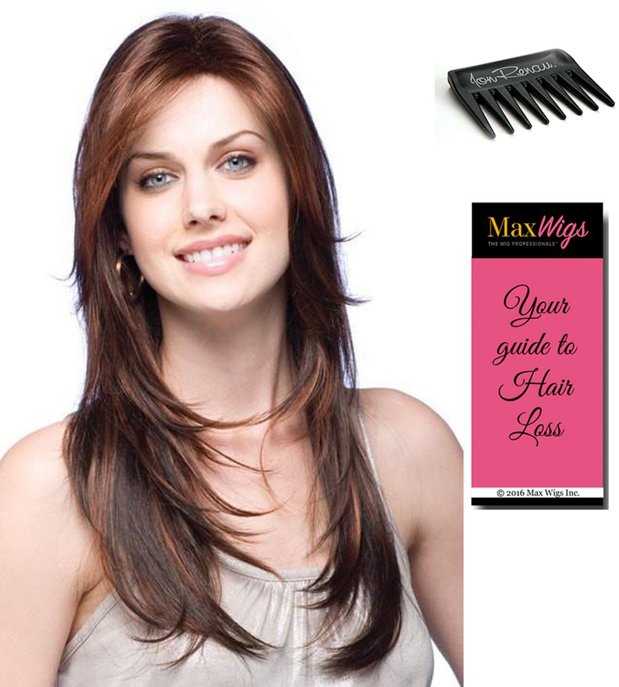 Noriko Wigs Angelica Average Cap Synthetic Hair - Dark Chocolate Long Straight Layered Wig with Open Weft for Scalp Coolness & Built-In Volume | Includes Wig Comb & Hair Loss Booklet | Perfect for Cosplay, Daily Wear & Hair Loss Solutions