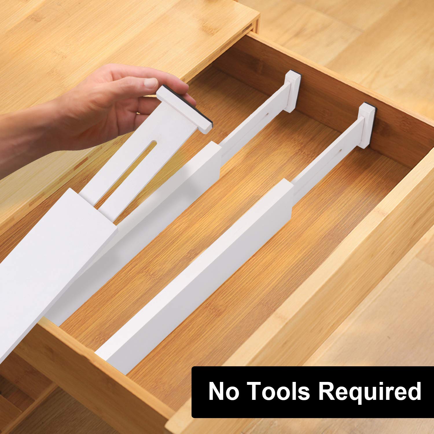 Bamboo Drawer Dividers Organizers 4-Pack - Adjustable Kitchen Drawer Organizer for Clothes, Dresser, Bedroom & Office - White 12-17 Inch | Perfect for Home Organization, Kitchen Utensils & Wardrobe Storage
