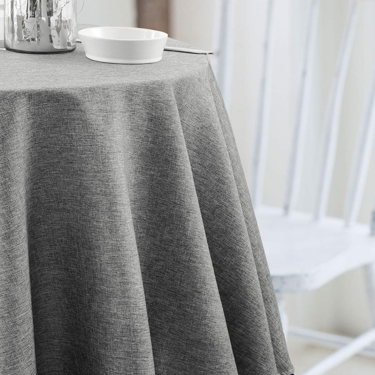 Premium Heavy Duty Linen Tablecloth - 60 Inch Round Stain-Proof Water Resistant Washable Table Cover for Kitchen, Dining Room, Holiday Decor (Grey) | Elegant Pompom Tassel Design for Weddings, Parties & Home Decor