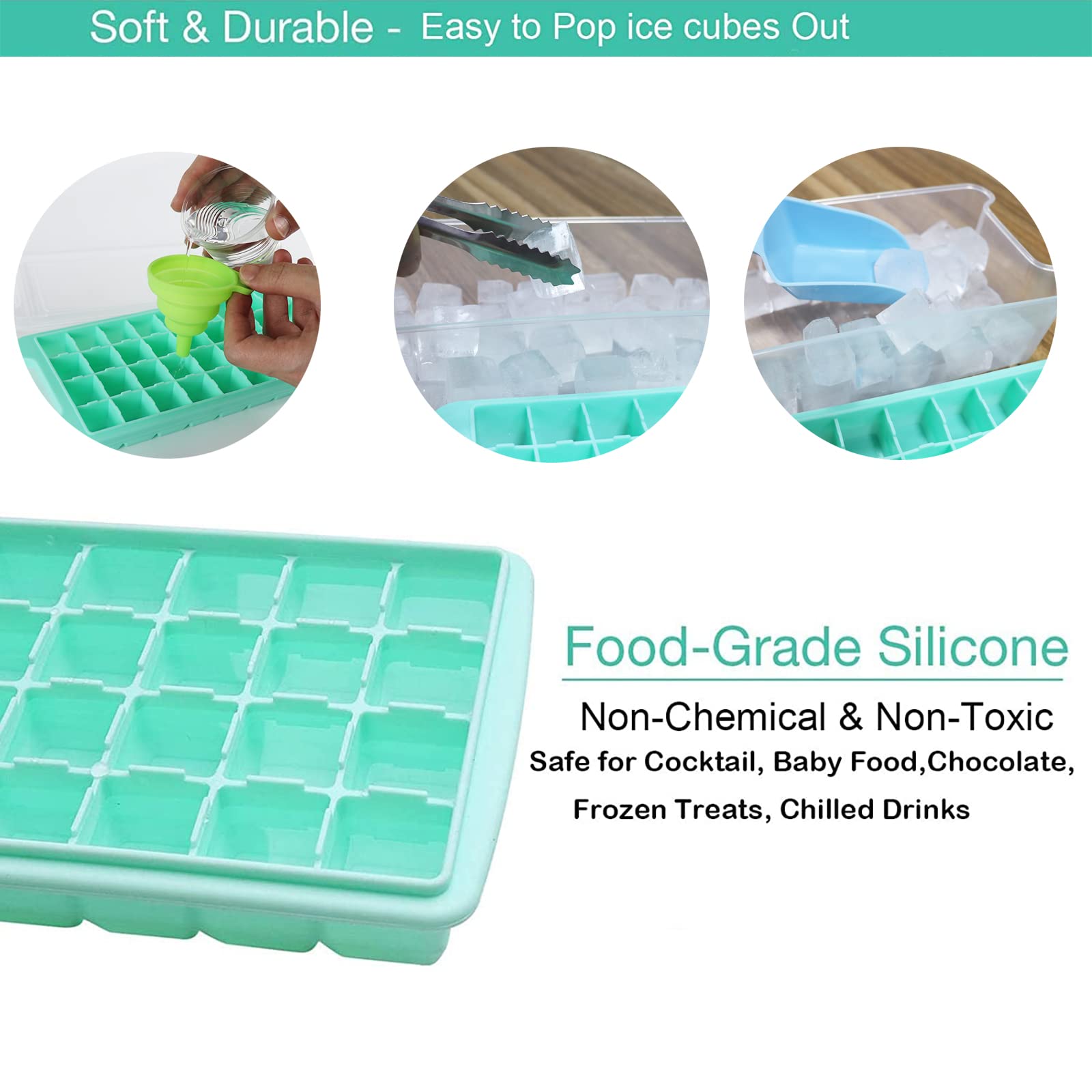 **36-Cube Silicone Ice Cube Tray with Lid, Ice Bin, Scoop & Tongs – BPA-Free Food-Grade Flexible Ice Mold for Cocktails, Beverages & Party Drinks (Blue)**