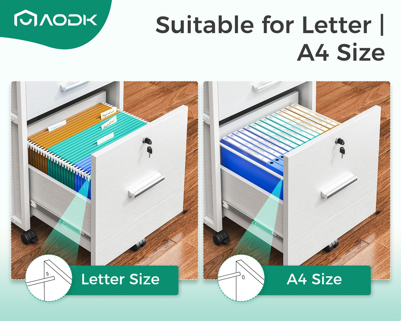 AODK 2-Drawer File Cabinet for Home Office - Fully Assembled Locking Filing Cabinet with Wheels, White - Organize A4/Letter Documents in Style | Perfect for Small Spaces & Office Storage Solutions
