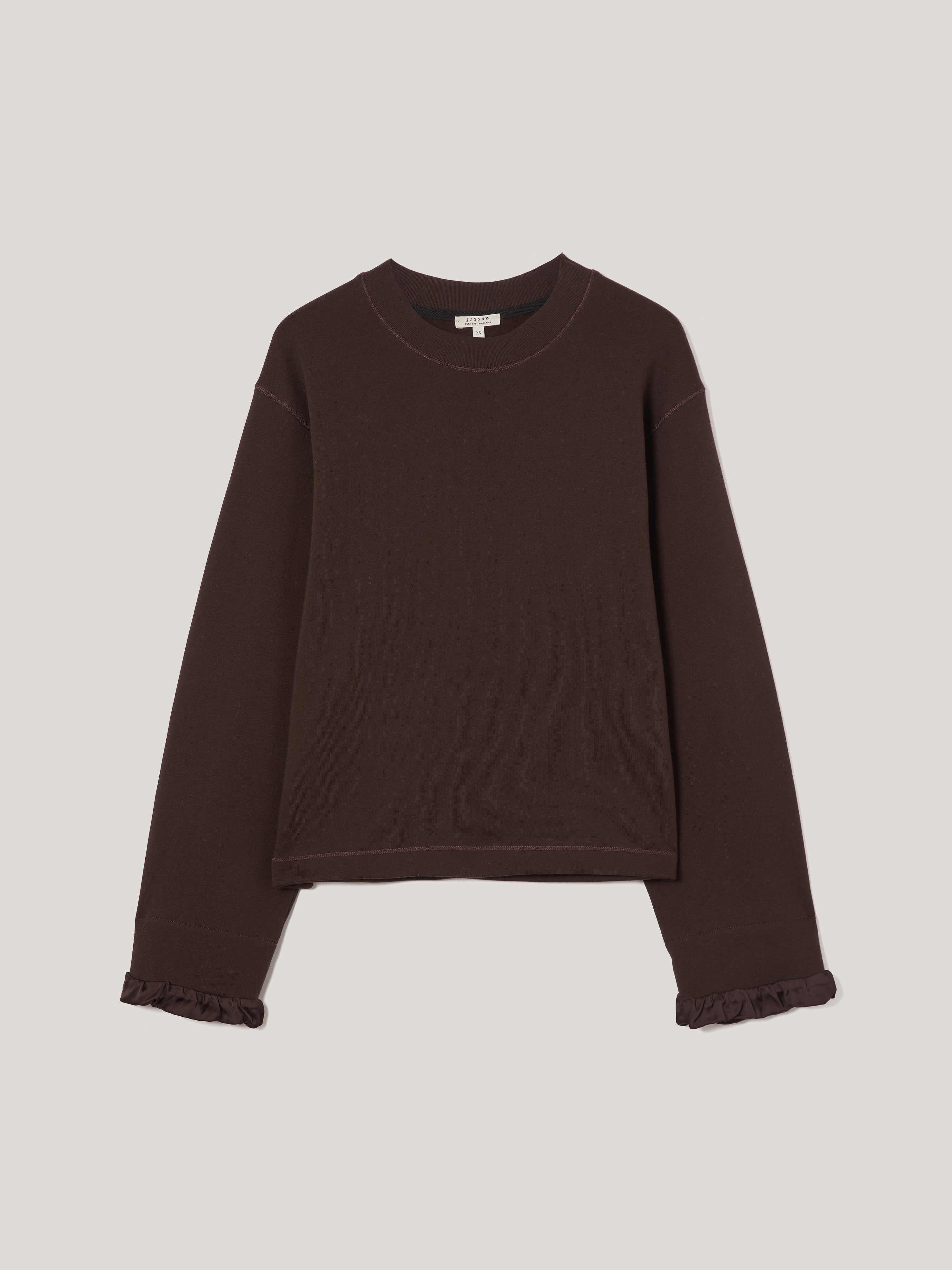 Soft Satin Cuff Jersey Sweatshirt for Women - Chocolate Brown Pullover | Cozy Lounge Wear for Fall & Winter, Casual Outfit, Home Comfort
