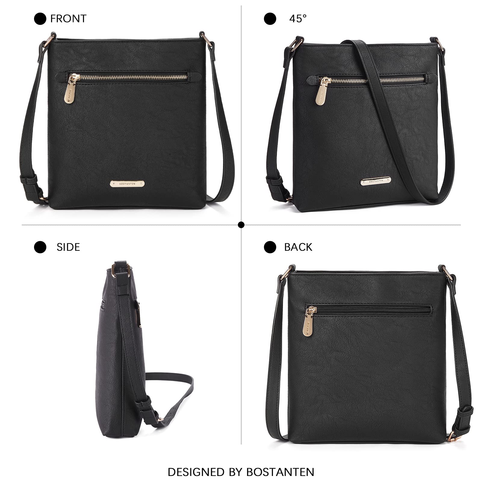 BOSTANTEN Women's Crossbody Bag - Soft Leather Adjustable Shoulder Purse with Zipper Pocket | Stylish Handbag for Work, Travel & Everyday Use