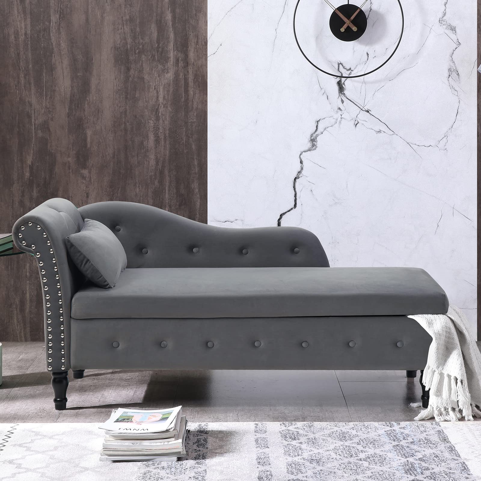 Velvet Upholstered Chaise Lounge Chair with Storage & Pillow - Modern Rolled Arm Design with Nailhead Trim - Perfect for Living Room, Bedroom, Home Office & Small Spaces (Grey) - Great for Relaxing, Reading or Napping