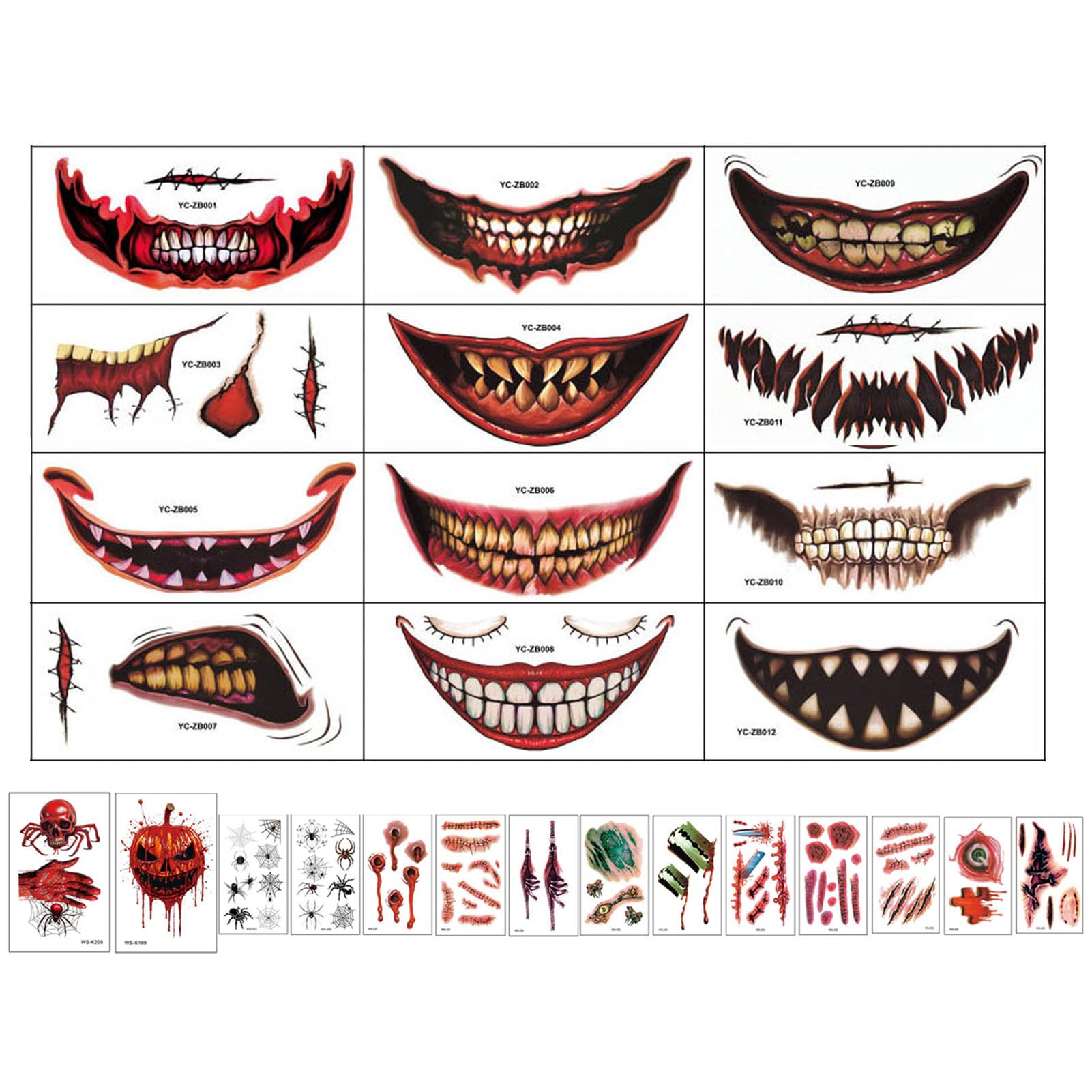 26pcs Halloween Big Mouth Fake Tattoos for Adults & Kids - Scary Prank Makeup Joker Temporary Tattoo Kit - Horror Clown Face Stickers for Halloween Parties, Cosplay & Costume Events