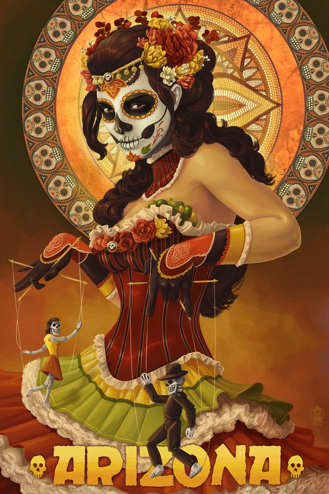Lantern Press Arizona Day of the Dead Marionettes Wall Art Poster - 12x18 Inches Framed Canvas Print for Home Office Decor, Perfect for Halloween & Mexican Culture Themed Rooms