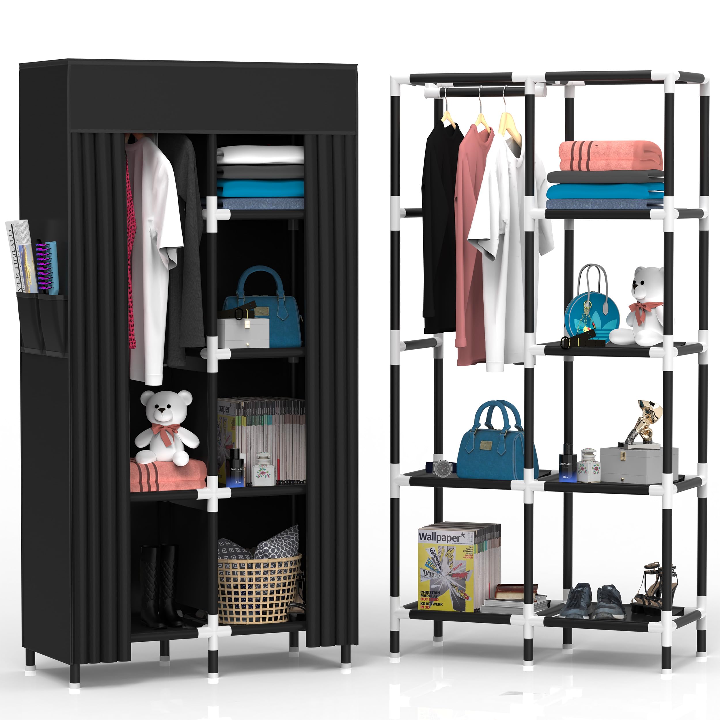 Portable Closet Organizer with 6 Shelves & Hanging Rack - Space-Saving Wardrobe Storage for Clothes | Ideal for Small Spaces, Dorms, Apartments & Travel | Perfect for Home, Office & Camping Use (Black)