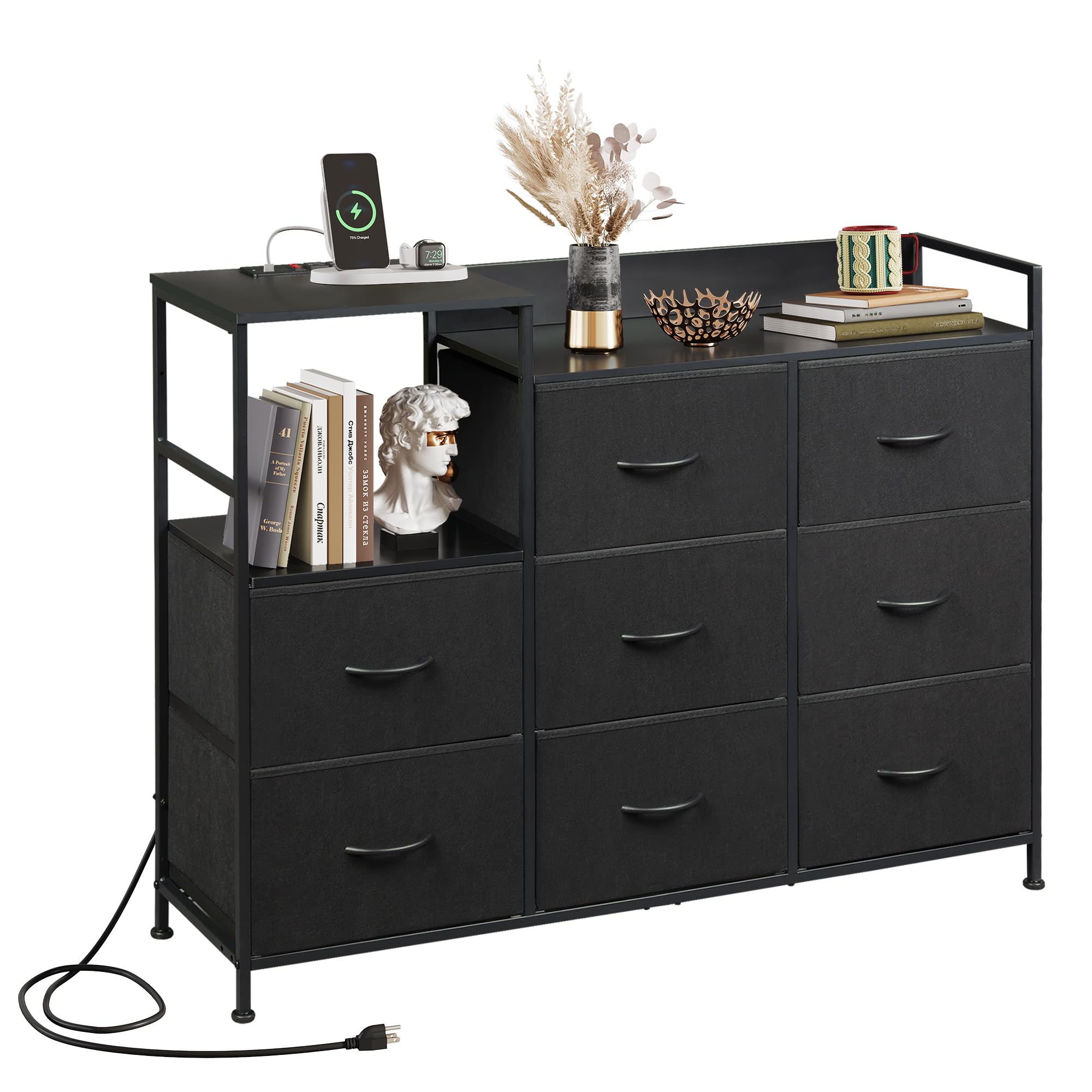 WLIVE Black Dresser TV Stand with 8 Drawers, Wood Top & Charging Station - Fabric Storage Chest with Open Shelves for Bedroom, Living Room & Hallway - Perfect for Organizing Clothes, Electronics & Home Decor