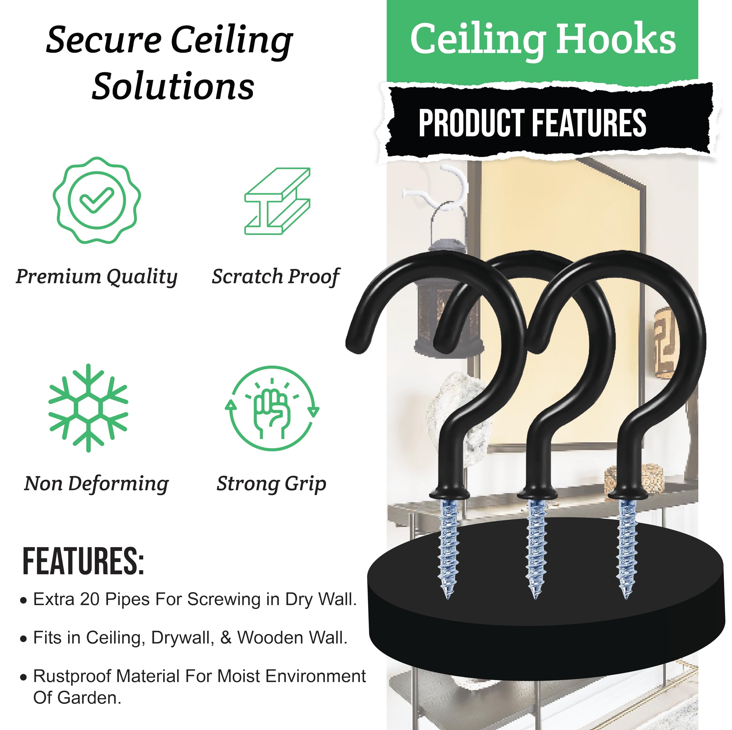 20 Pack Heavy Duty Vinyl Coated Ceiling Hooks - 2.9 Inch Black Plant Hangers for Indoor/Outdoor Use - Perfect for Hanging Plants, Kitchen Mugs, Lights & Wind Chimes - Rustproof & Durable Home & Garden Decor