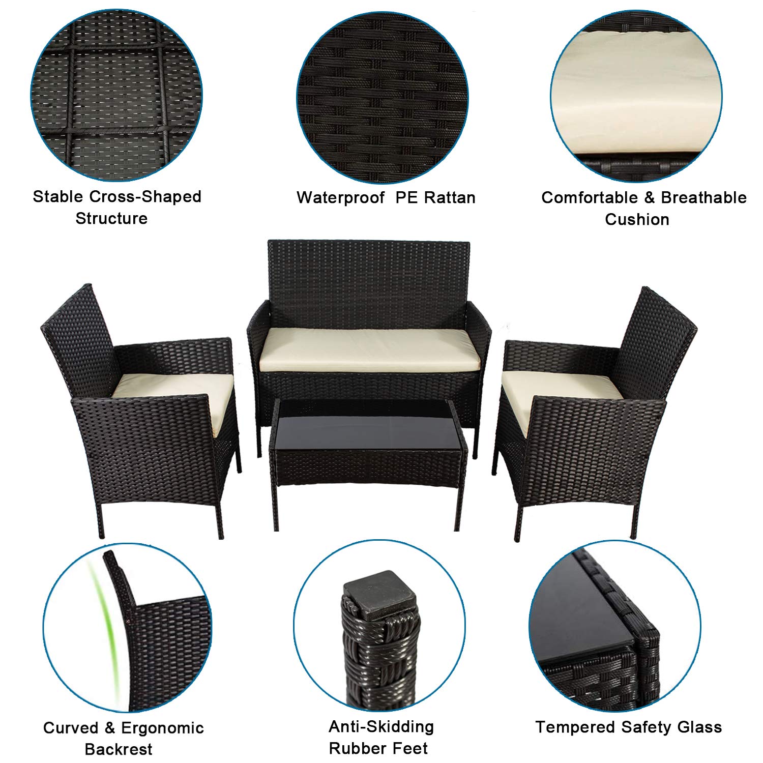ZAZA 4-Piece Outdoor Patio Rattan Furniture Set with Cushions - Wicker Sofa & Coffee Table for Balcony, Garden, or Indoor Use - Black & Beige - Perfect for Relaxing, Entertaining, and Outdoor Dining