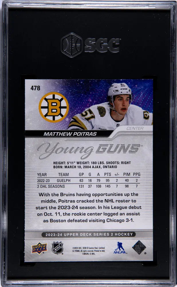 2023-24 Upper Deck Series 2 Hockey Matthew Poitras Young Guns Rookie Card SGC 10 Gem Mint - Collectible Sports Memorabilia for Hockey Fans & Card Collectors