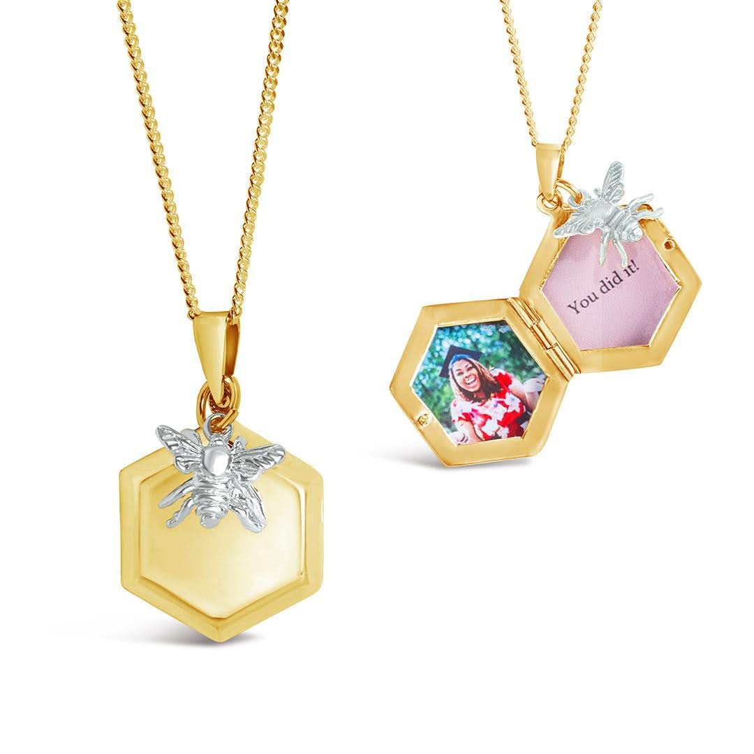 Bee Locket Necklace in Gold - Personalized Photo Pendant Jewelry for Women - Perfect for Anniversaries, Birthdays & Mother's Day Gifts