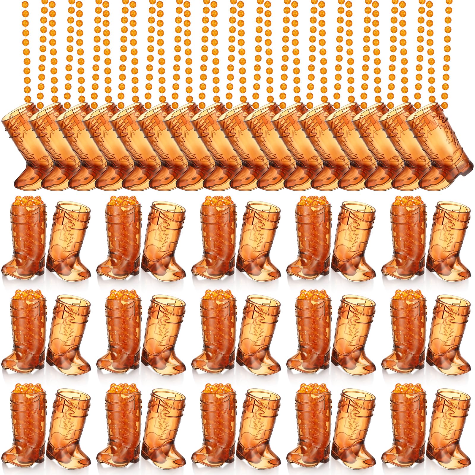 48 Pcs Plastic Cowgirl Shot Glass Necklace - Beaded Boot Shooter Cups for Bachelorette Parties, Weddings & Carnival Events - Fun Bridal Shower, Birthday & Western Theme Party Supplies (Transparent Brown) - Perfect for Country Bars, Themed Celebrations & Group Drinking Games