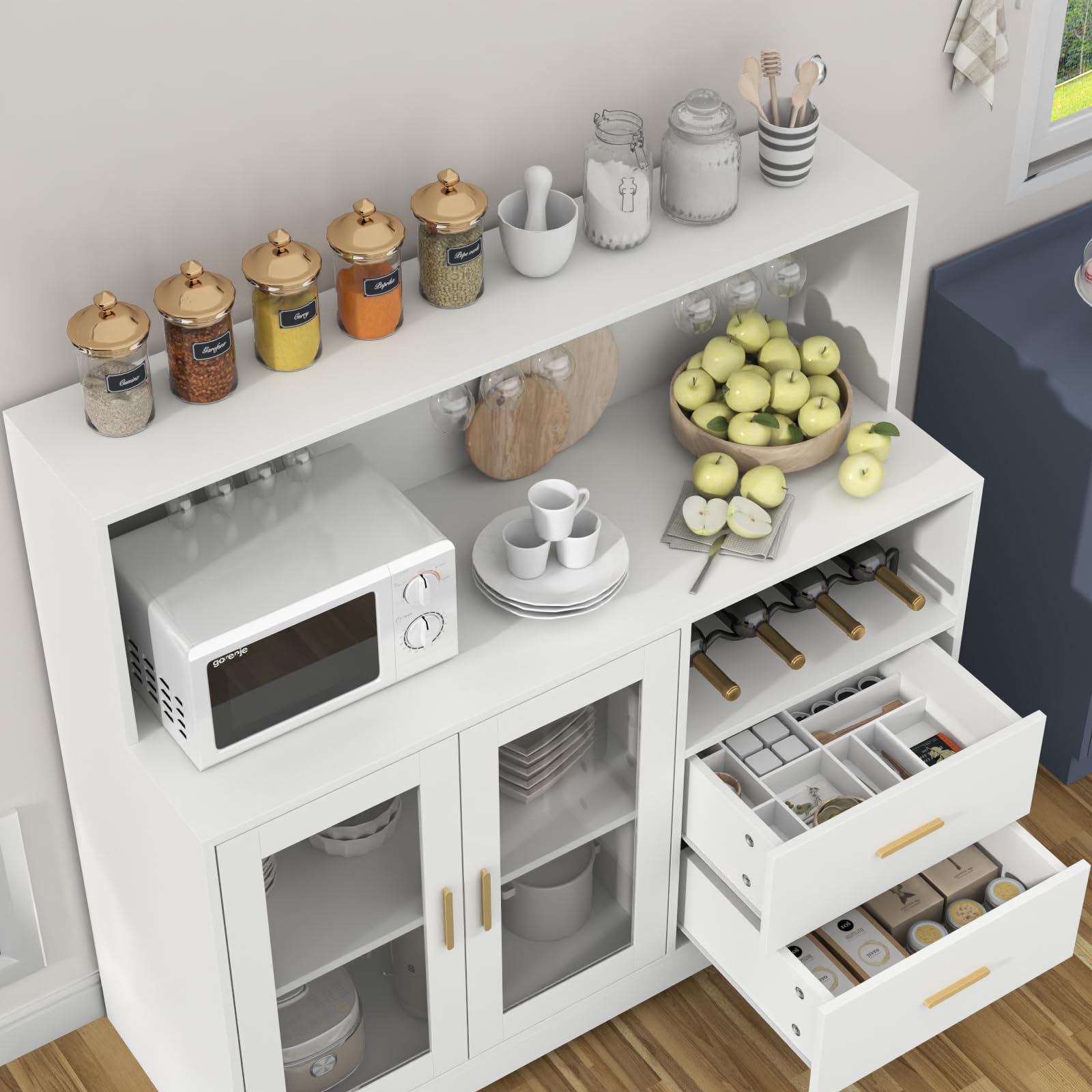 Modern White Wine Bar Cabinet with LED Lighting - Kitchen Buffet Sideboard with Wine & Glass Rack, Storage Cabinet & Drawers - Perfect for Living Room, Dining Room & Home Bar Setup