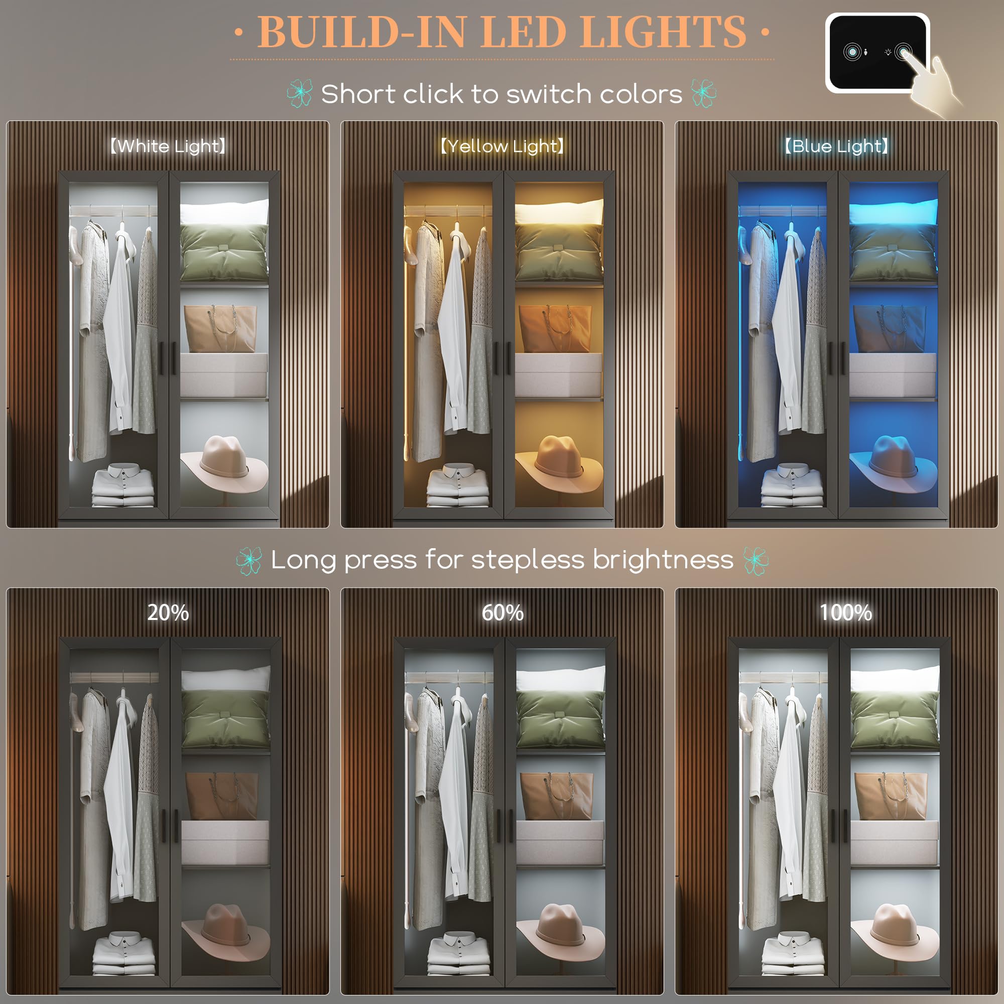 Modern LED Armoire Wardrobe Closet Cabinet with 3 Drawers & 2 Doors - 70