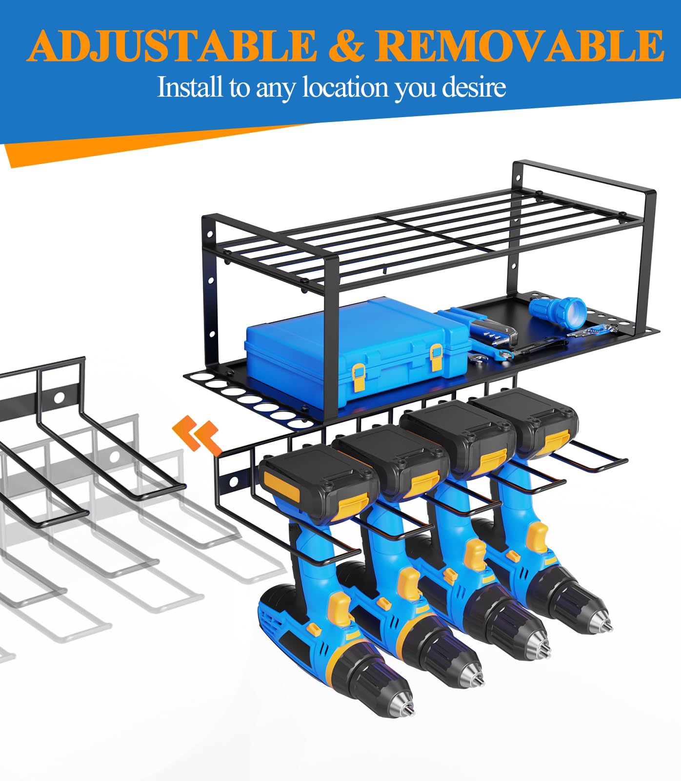 LIONONLY Heavy Duty Power Tool Organizer Wall Mount – 100 lb Capacity, 8 Adjustable Drill Holders, Removable Storage for Garage & Workshop – Easy Installation (1 Pack)