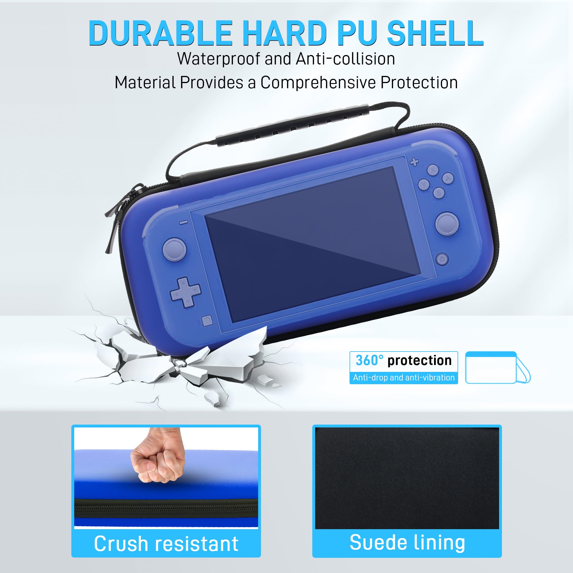Nintendo Switch Lite Carrying Case - Shockproof Travel Bag with TPU Case Cover, Screen Protector & 10 Thumb Grips (Blue) | Portable Gaming Accessories Bundle for On-The-Go Protection