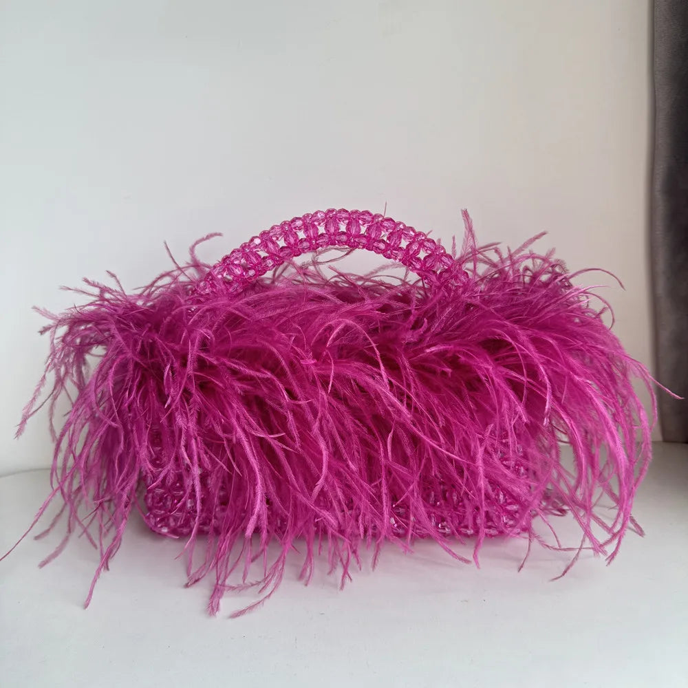Handmade Designer Pearl Bead Bag with Feather Fur Trim - Elegant Acrylic Crystal Stone Evening Tote Clutch for Women | Perfect for Parties, Weddings & Special Occasions