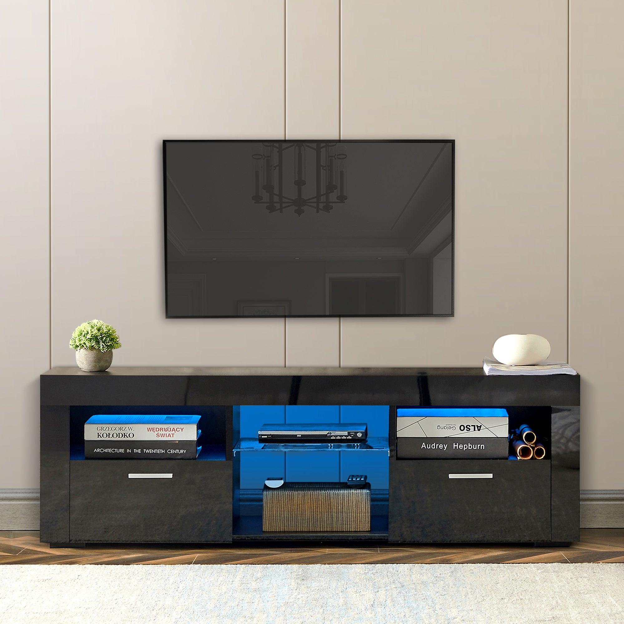 Modern Black TV Stand with LED Lights - High Glossy TV Cabinet for Living Room, Bedroom & Lounge - Easy Assembly - Perfect for Movie Nights & Entertainment Spaces
