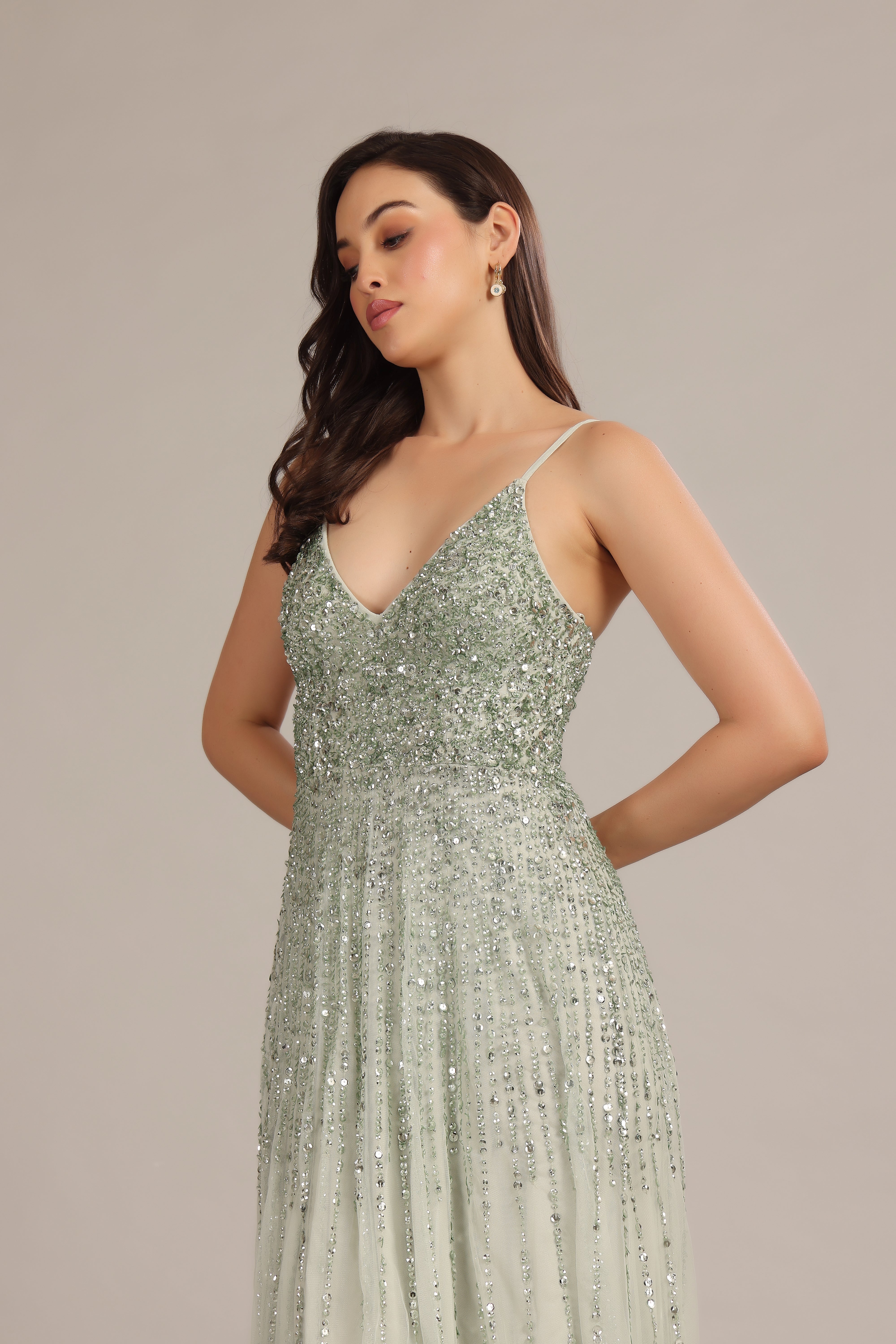 Elegant Sage Green Legacy Embellished Maxi Dress for Women - Perfect for Weddings, Parties & Special Occasions