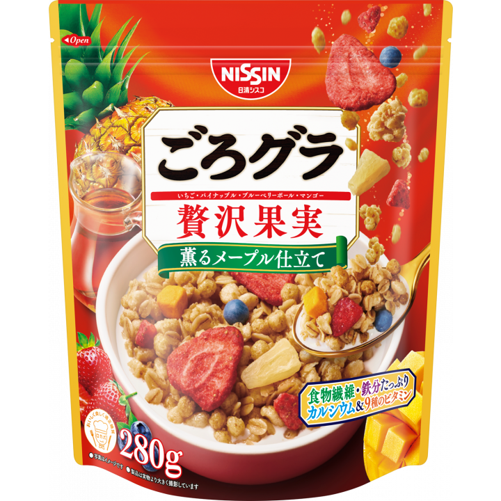 Nissin Gorogura Mixed Fruits Granola Cereal with Maple Flavor - 280g Healthy Breakfast Snack for Office, School & Travel