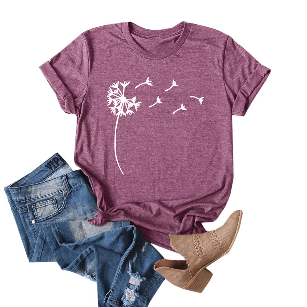 Cicy Bell Women's Short Sleeve Cotton T-Shirt - Cute Dandelion Print Graphic Tee for Summer, Casual Wear & Outdoor Activities