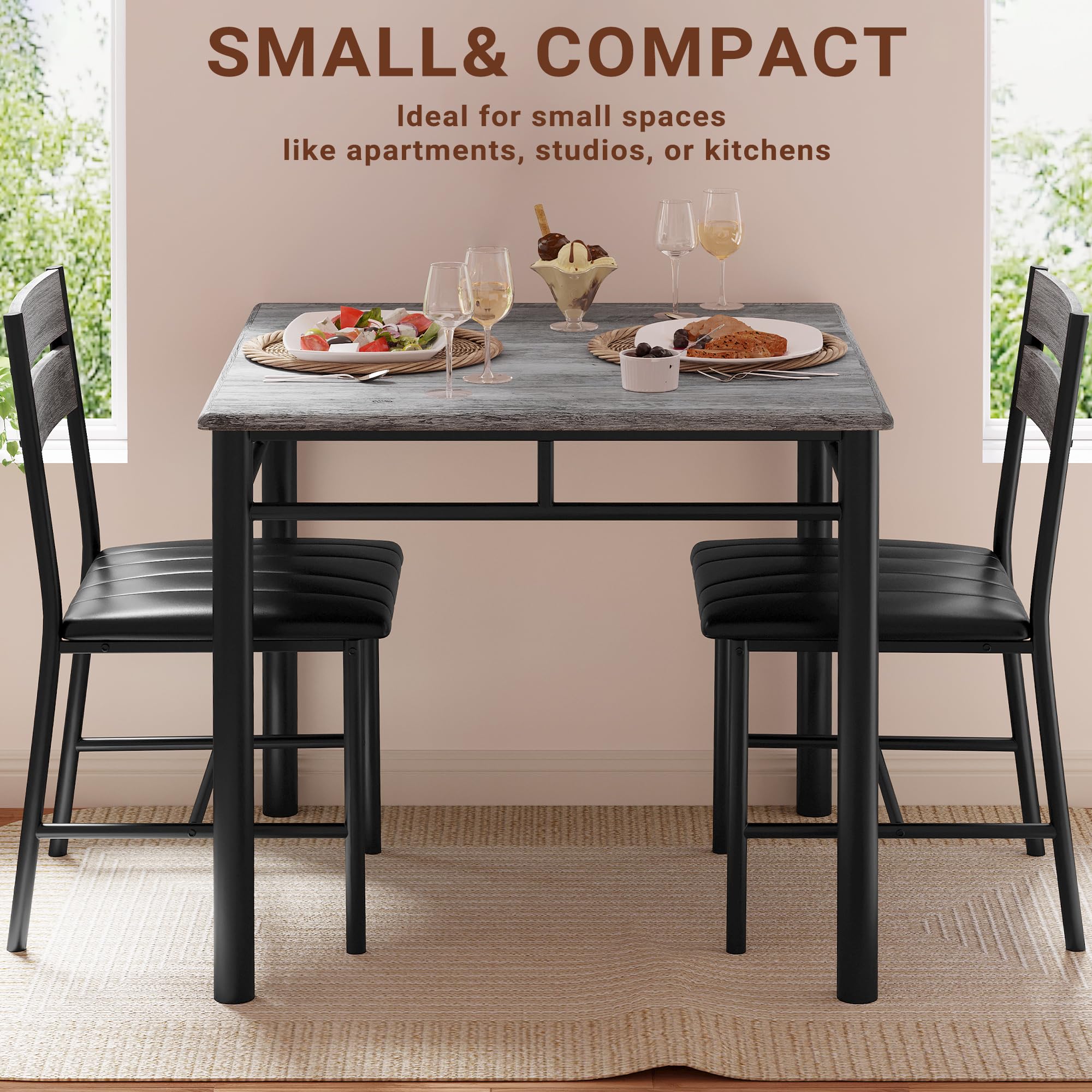 IRONCK 2-Person Dining Table Set with Upholstered Chairs - Compact Kitchen Table for Small Spaces, Gray - Perfect for Apartments, Breakfast Nooks & Cozy Dining Rooms
