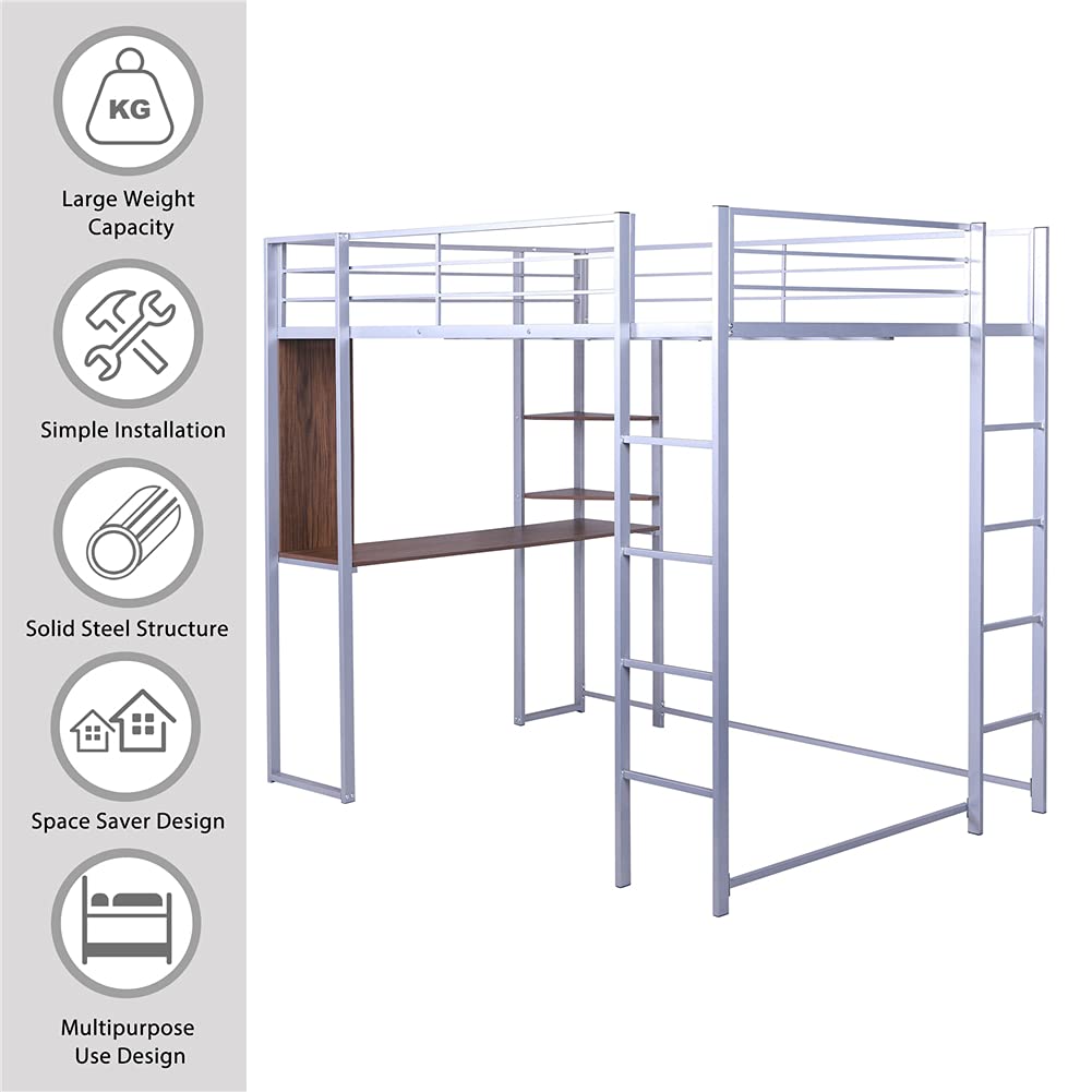 Full Size Metal Loft Bed Frame with Built-in Desk & Shelves - Sturdy Ladder & Safety Guardrails - Space Saving Bedroom & Guest Room Furniture - Perfect for Small Spaces, Dorms & Apartments (Silver)
